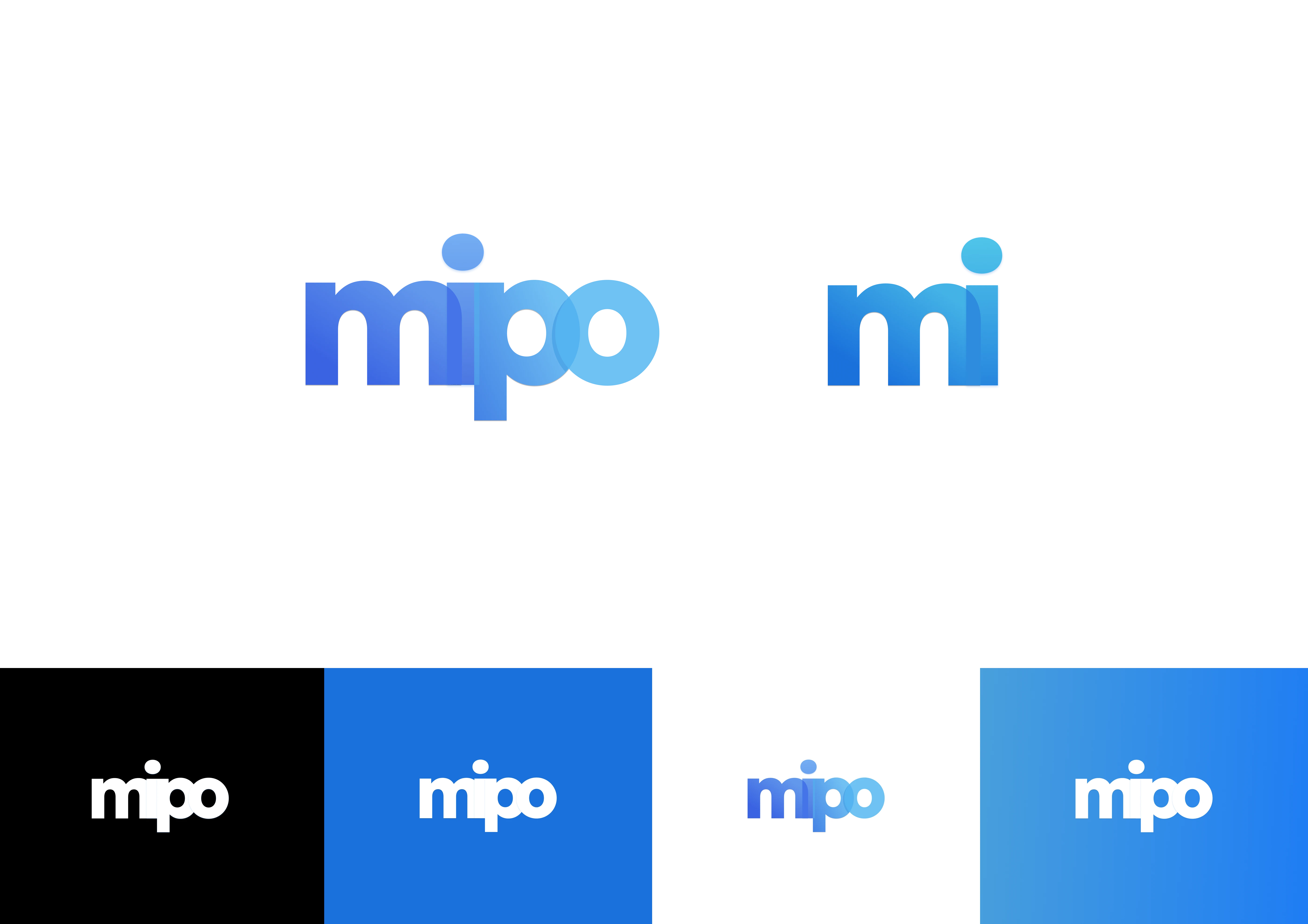 Mipo brand logos showing the full wordmark and 'mi' icon in a blue gradient, with color variation swatches.
