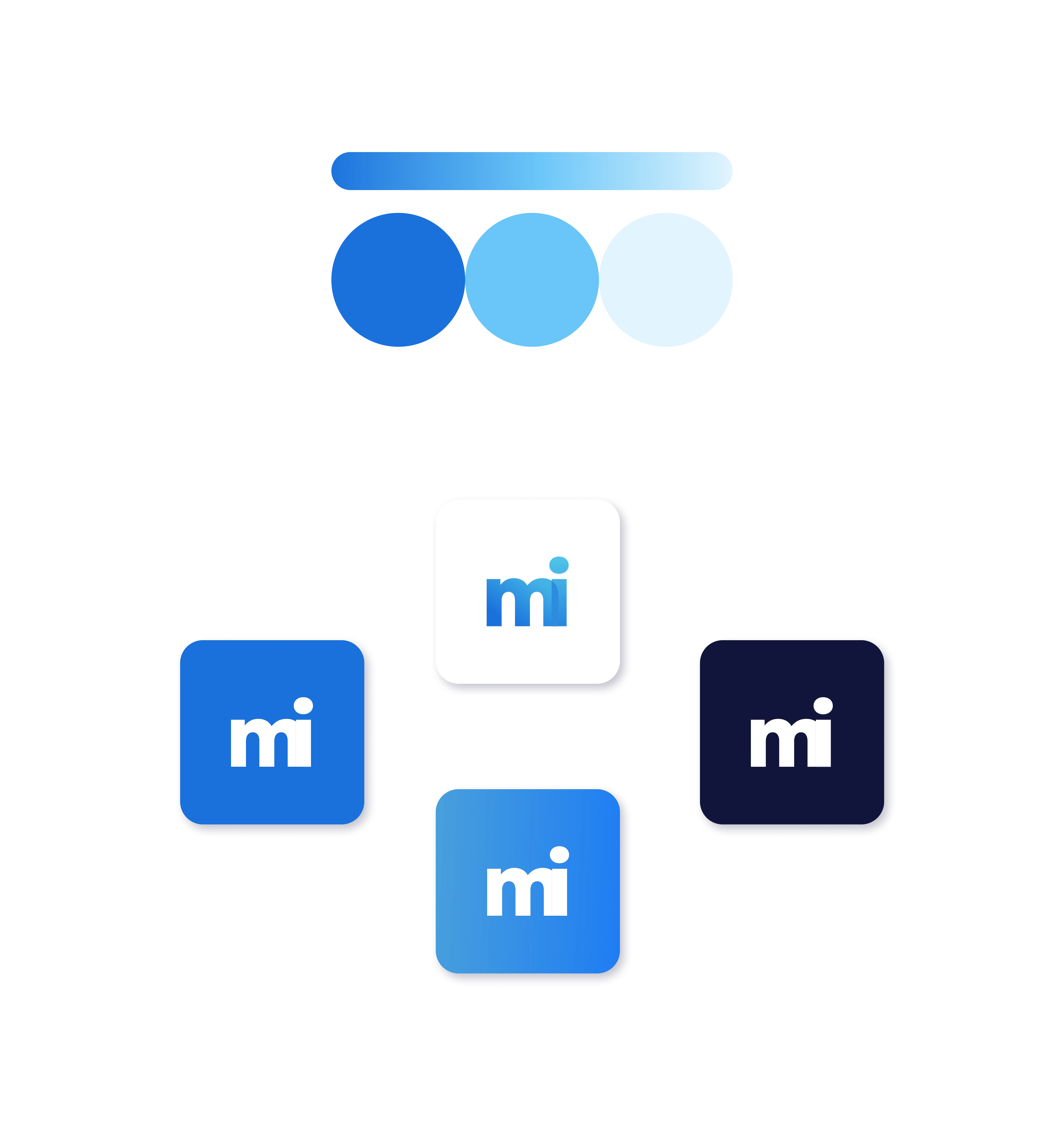 Three blue shade color palette swatches and four square app tiles showing the 'mi' icon on different backgrounds.