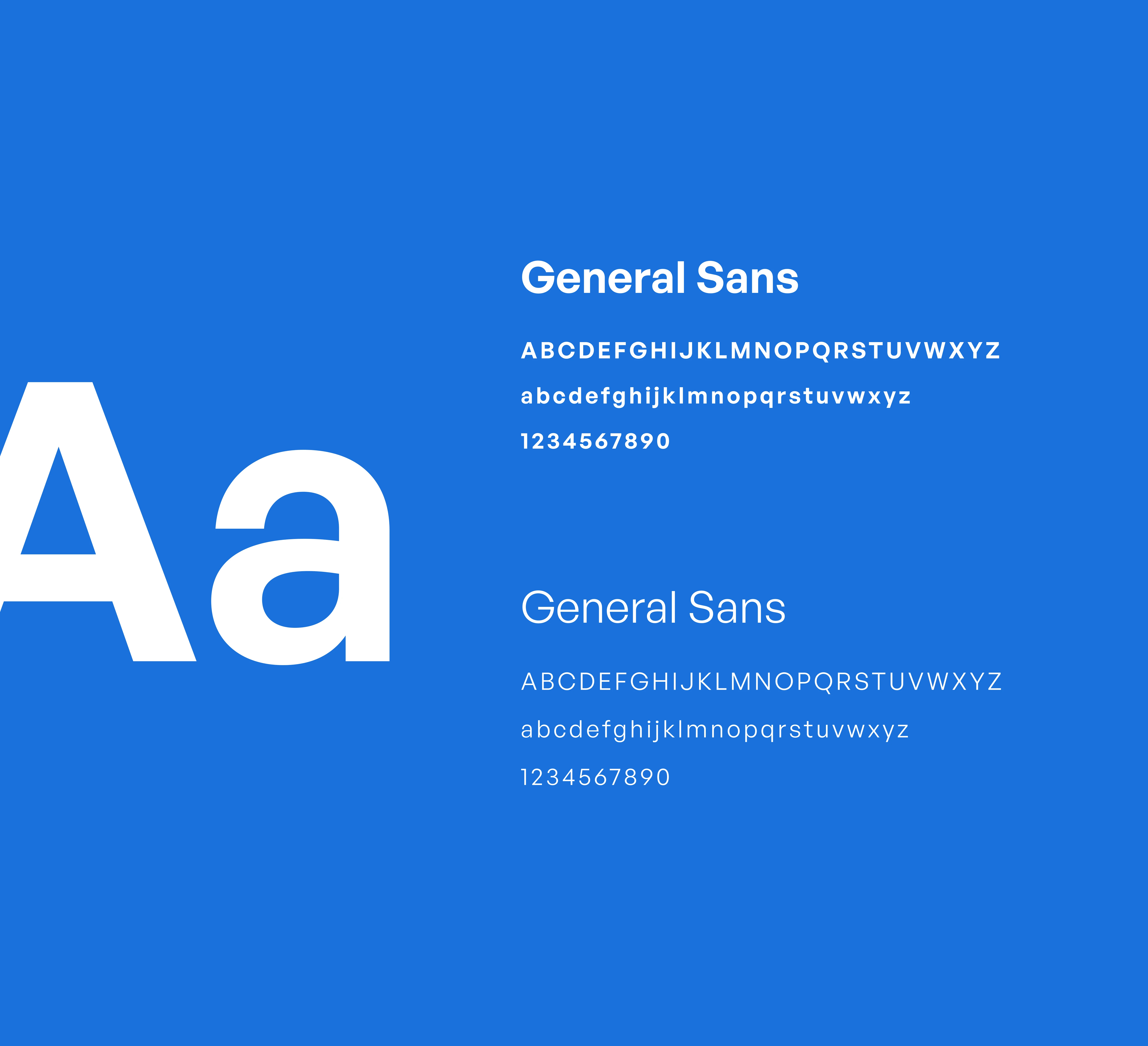 General Sans typography specimen sheet displaying light to bold weights on a blue background.