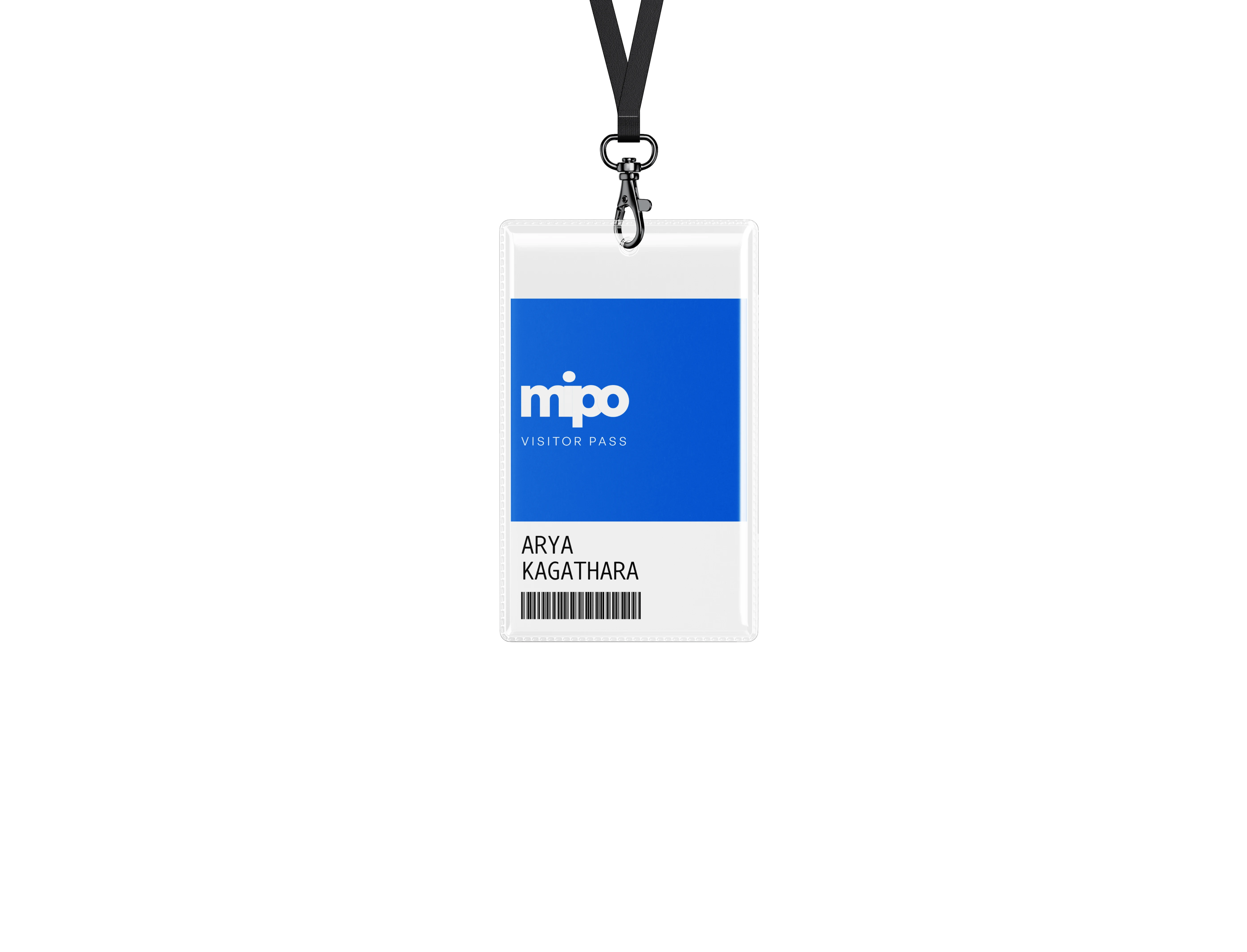 Vertical visitor pass ID badge showing the Mipo logo, name Arya Kagathara, and barcode.