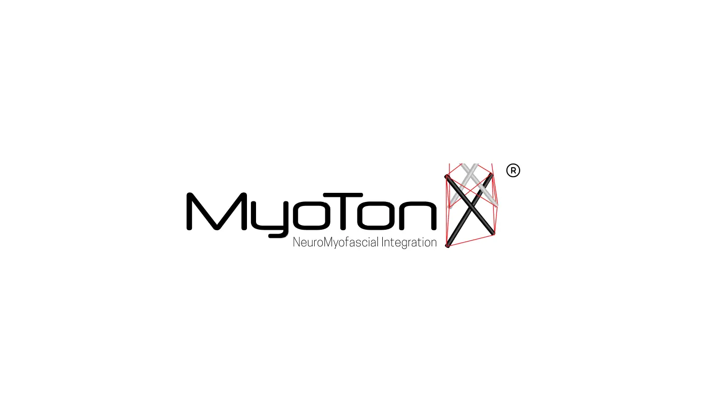 The official Myotonx brand logo featuring black typography and a complex stylized 'X' icon constructed from red and grey lines on a white background.