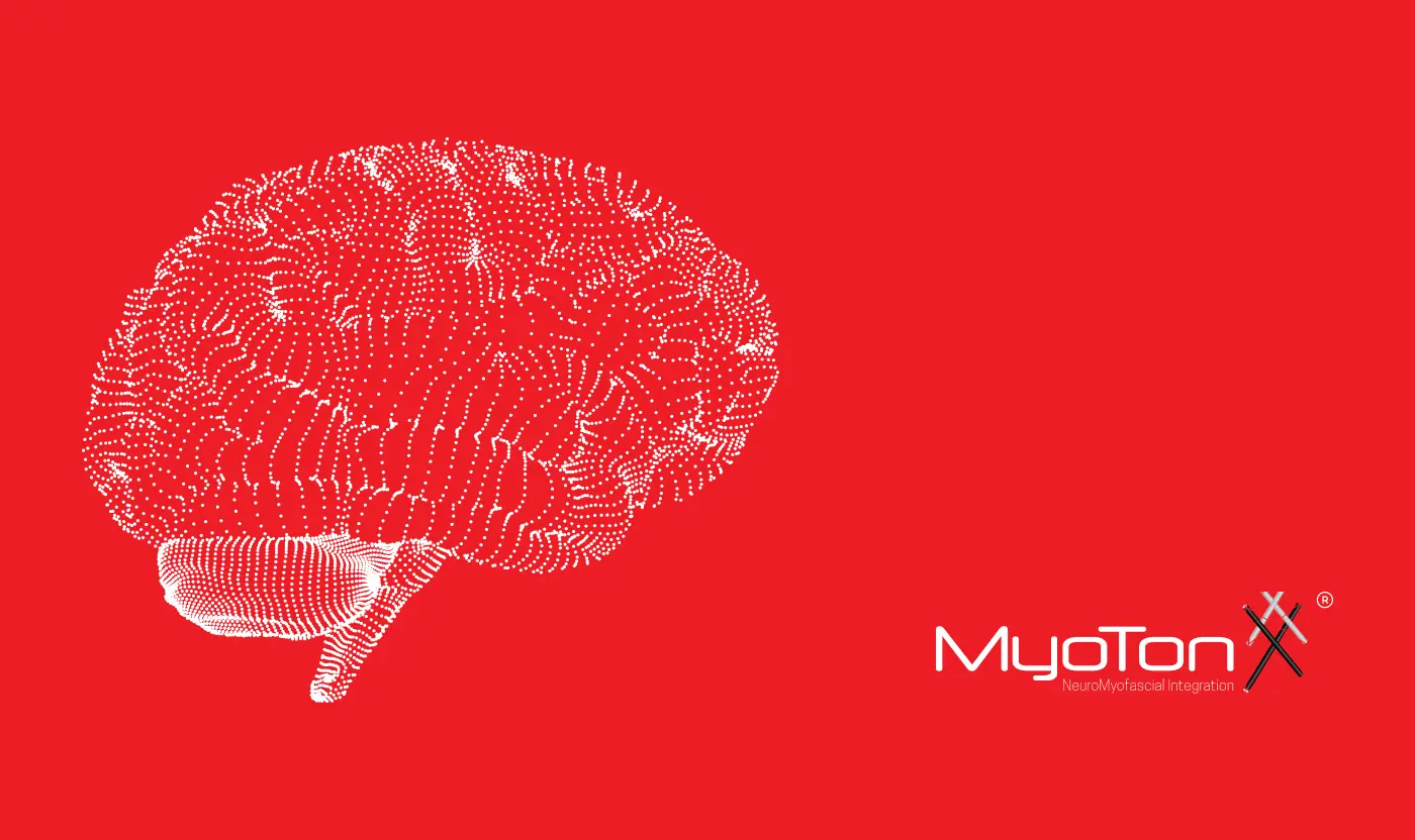 A graphic illustration of a human brain formed by numerous white dots against a solid vibrant red background, with the Myotonx logo in the bottom right.