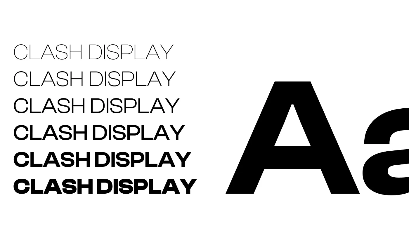 Typography specimen sheet for the Clash Display font family, showcasing the font name in various weights and large uppercase and lowercase 'Aa' examples.