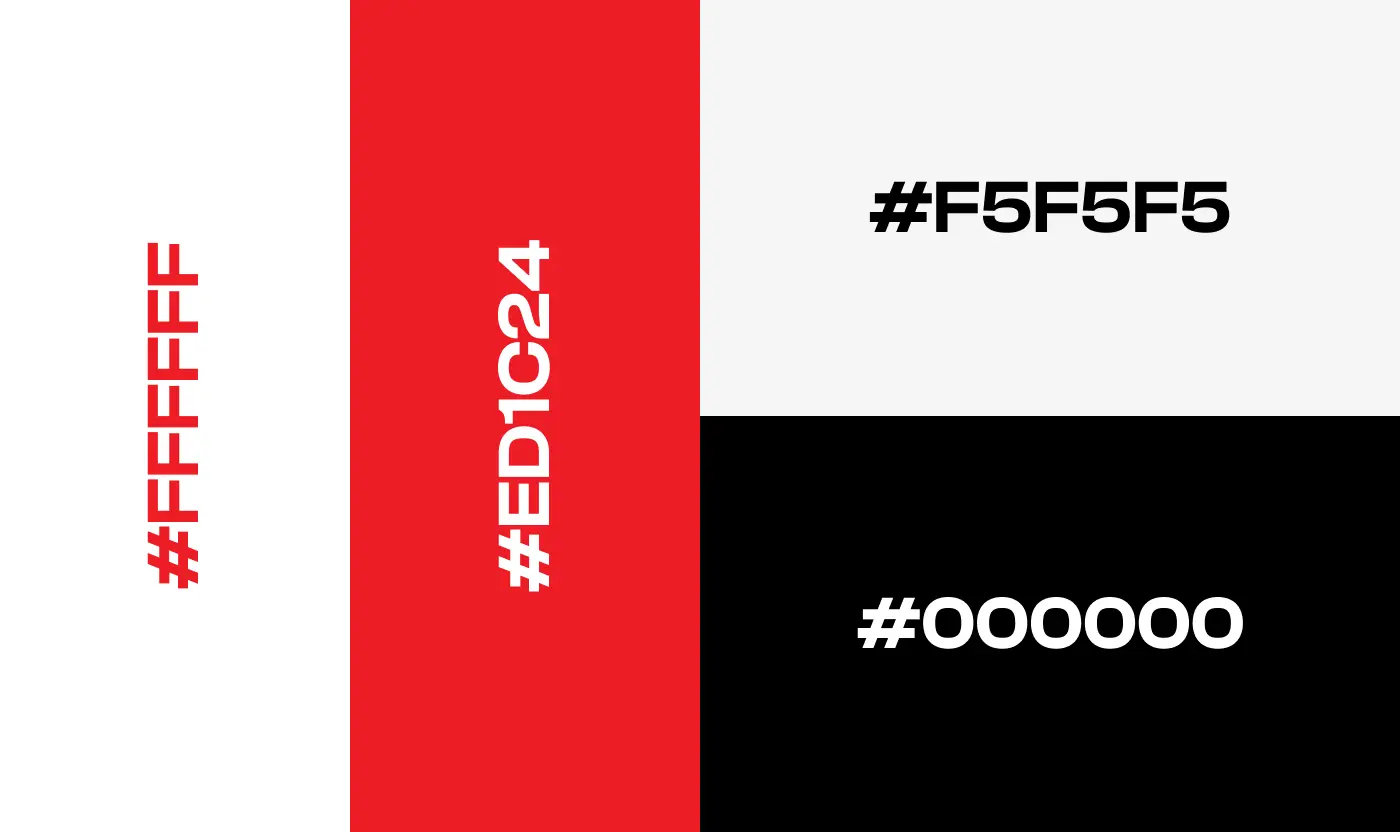 Brand color palette swatches for Myotonx, displaying vertical bars of White (#FFFFFF), Red (#ED1C24), Off-White (#F5F5F5), and Black (#000000) with hex codes.