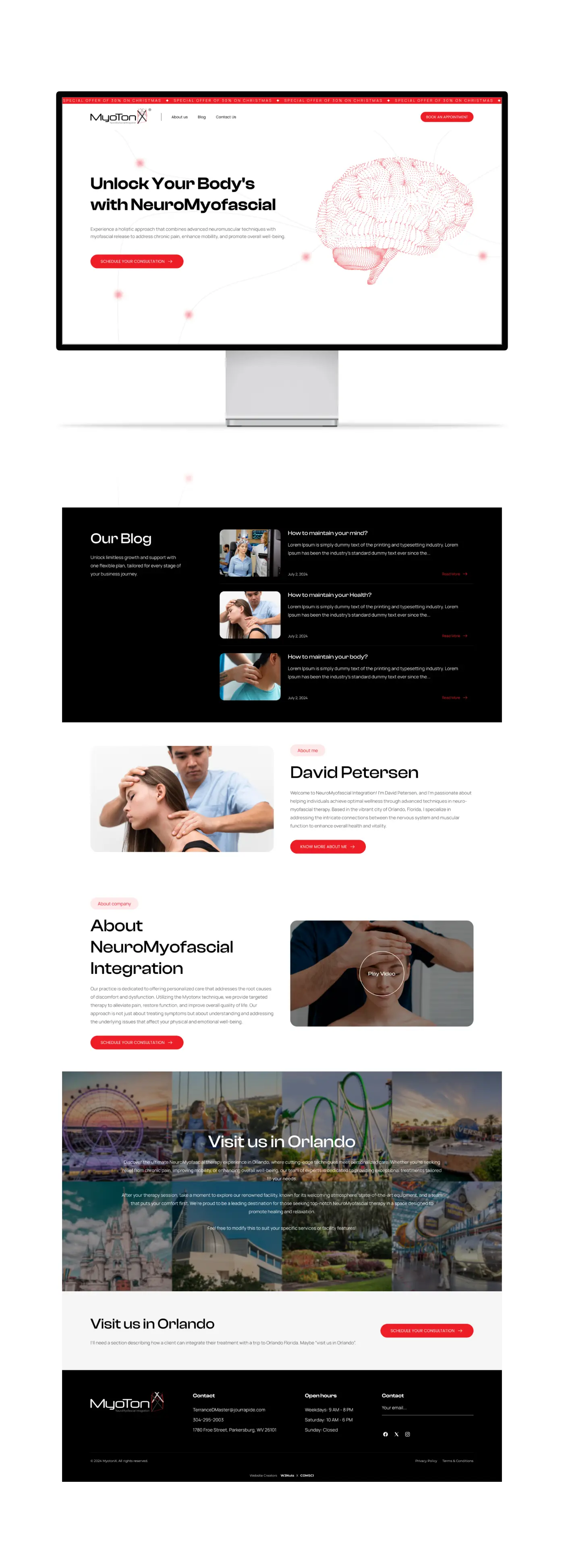Full-page desktop website mockup for the Myotonx clinic, featuring a hero section with brain imagery, a blog feed, therapist David Petersen's profile, a video section about the therapy, and Orlando location details.
