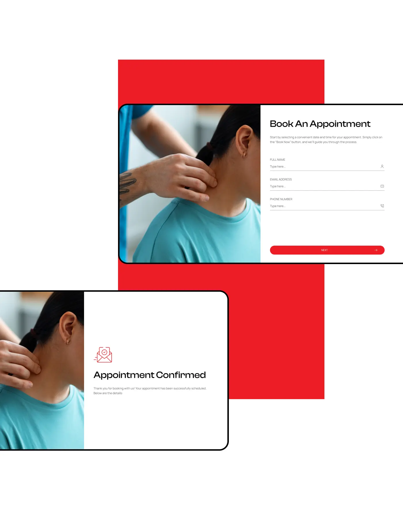 User interface design screens for the Myotonx website booking flow, showing an appointment scheduling form alongside a therapy photo, and a subsequent booking confirmation screen.