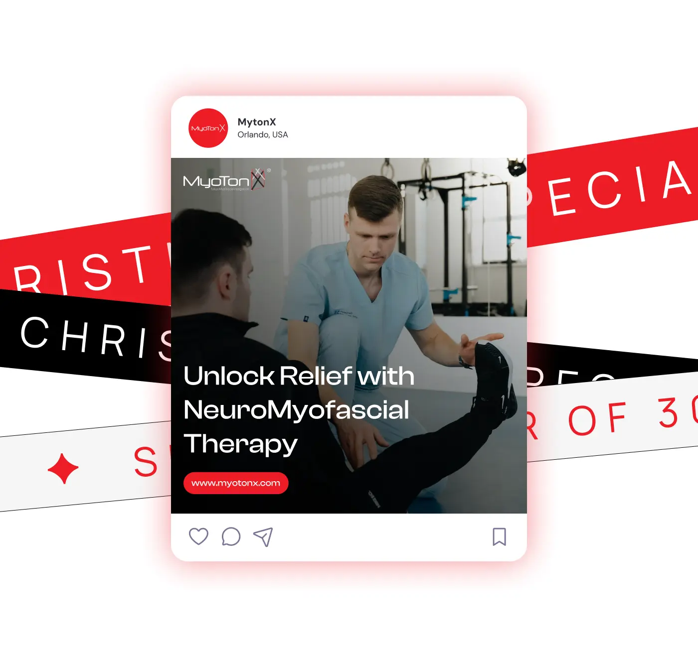 A social media post mockup for Myotonx promoting "Unlock Relief with NeuroMyofascial Therapy" with a photo of a therapy session, surrounded by branded red, white, and black promotional ribbons.