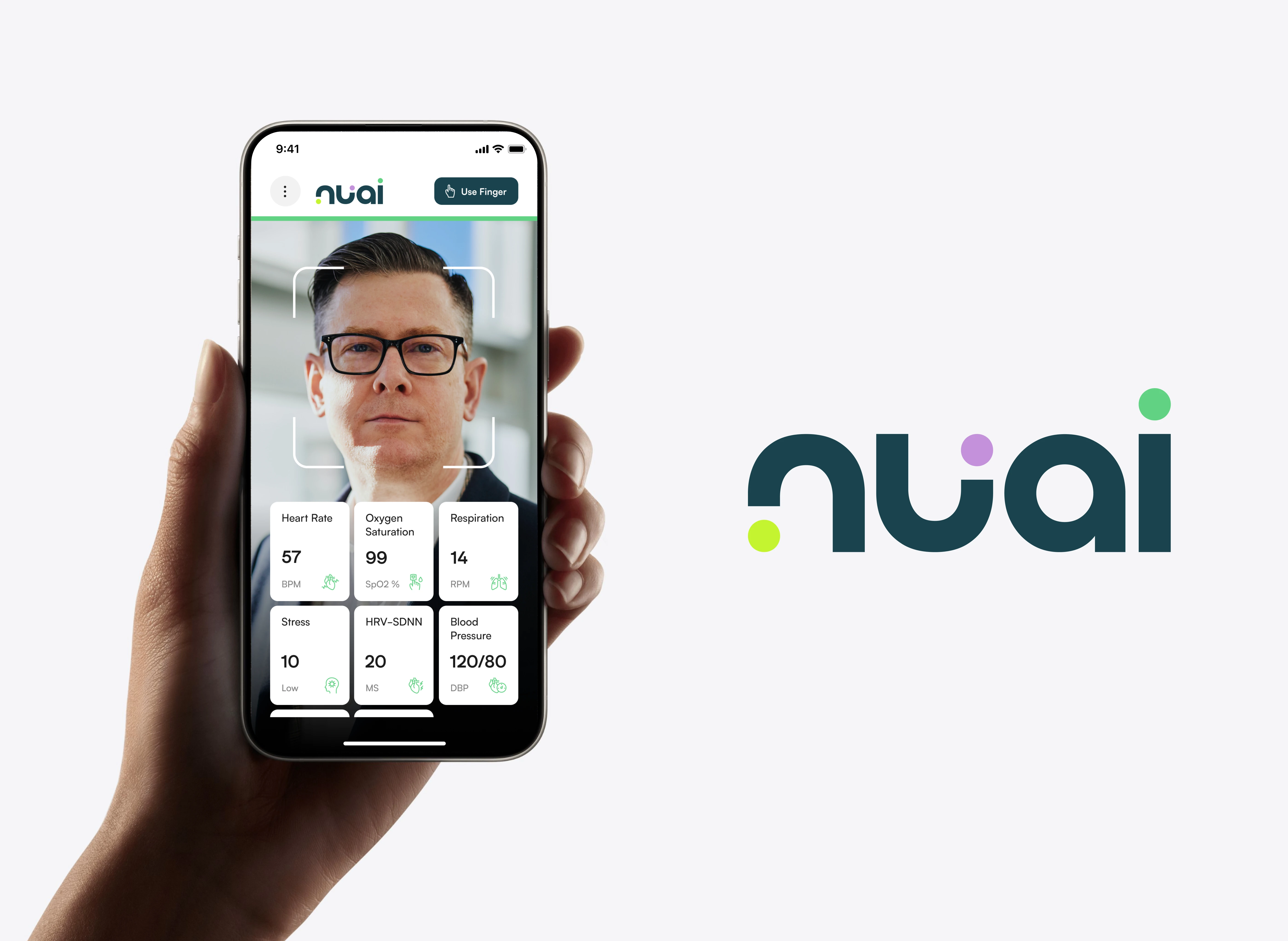 Smartphone mockup displaying NuAI facial scan vital sign tracking screen.