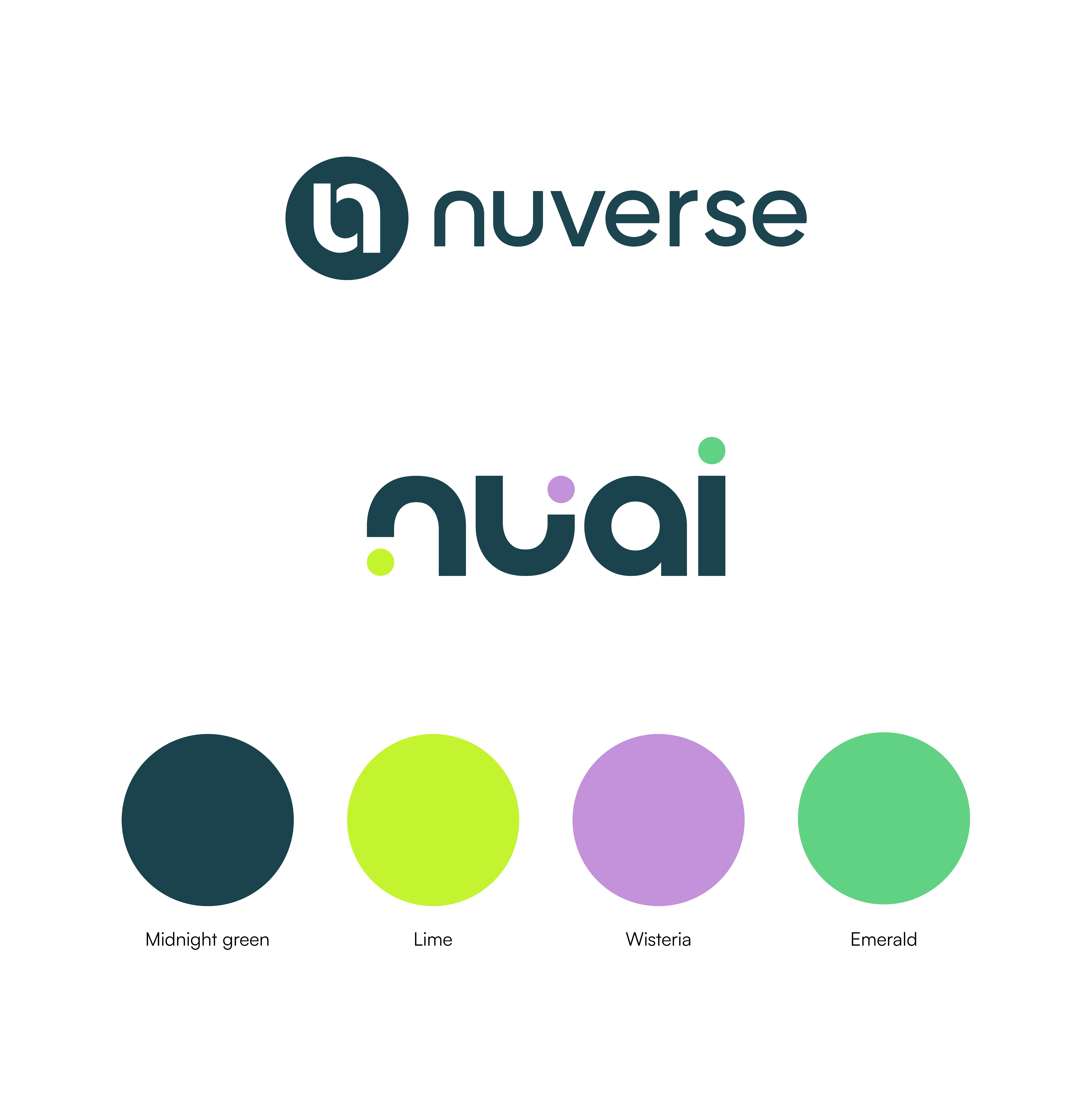 Nuverse & NuAI brand logos with Midnight green, Lime, Wisteria & Emerald swatches.