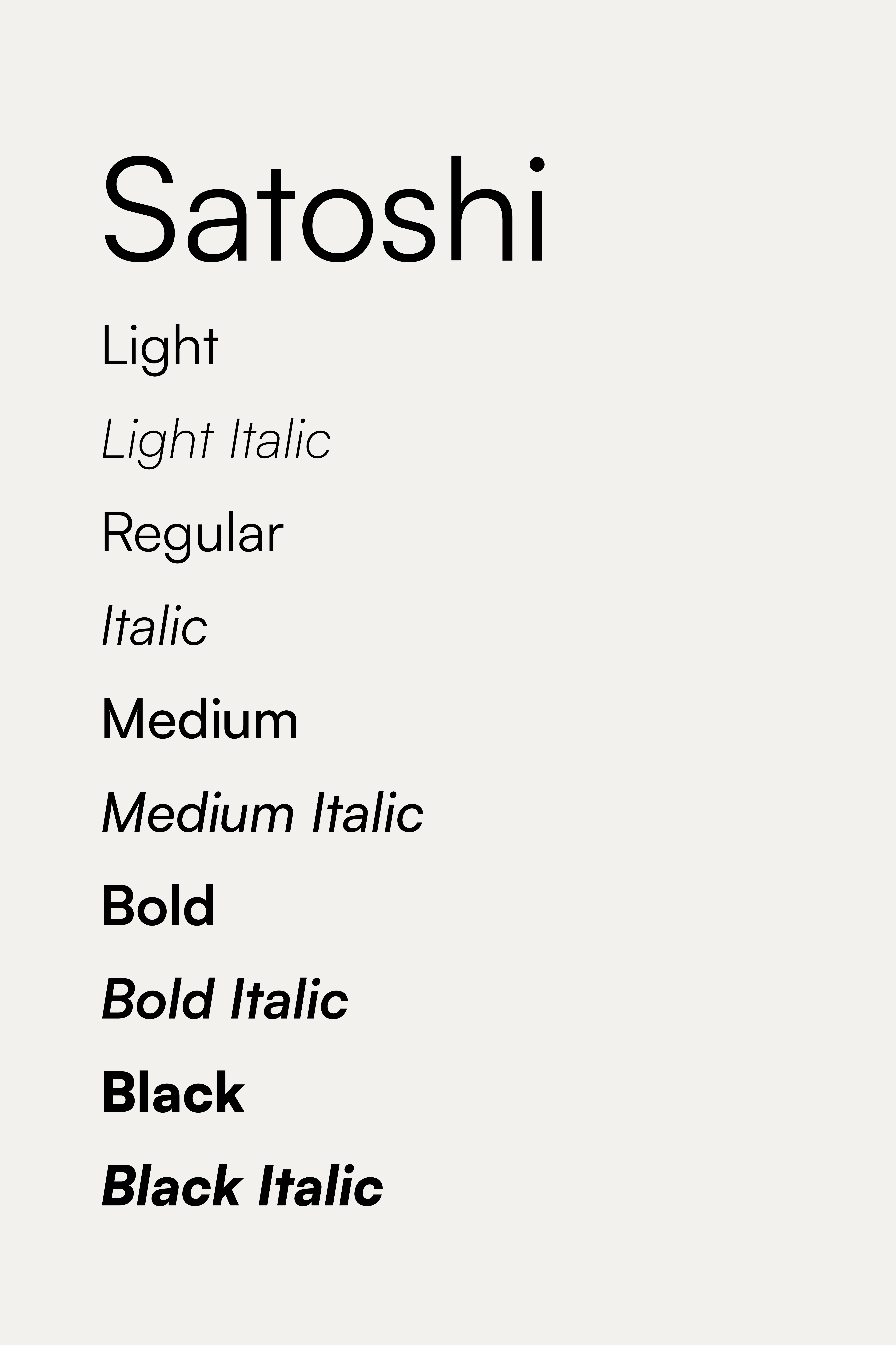 Satoshi font typography specimen sheet displaying light to black font weights.