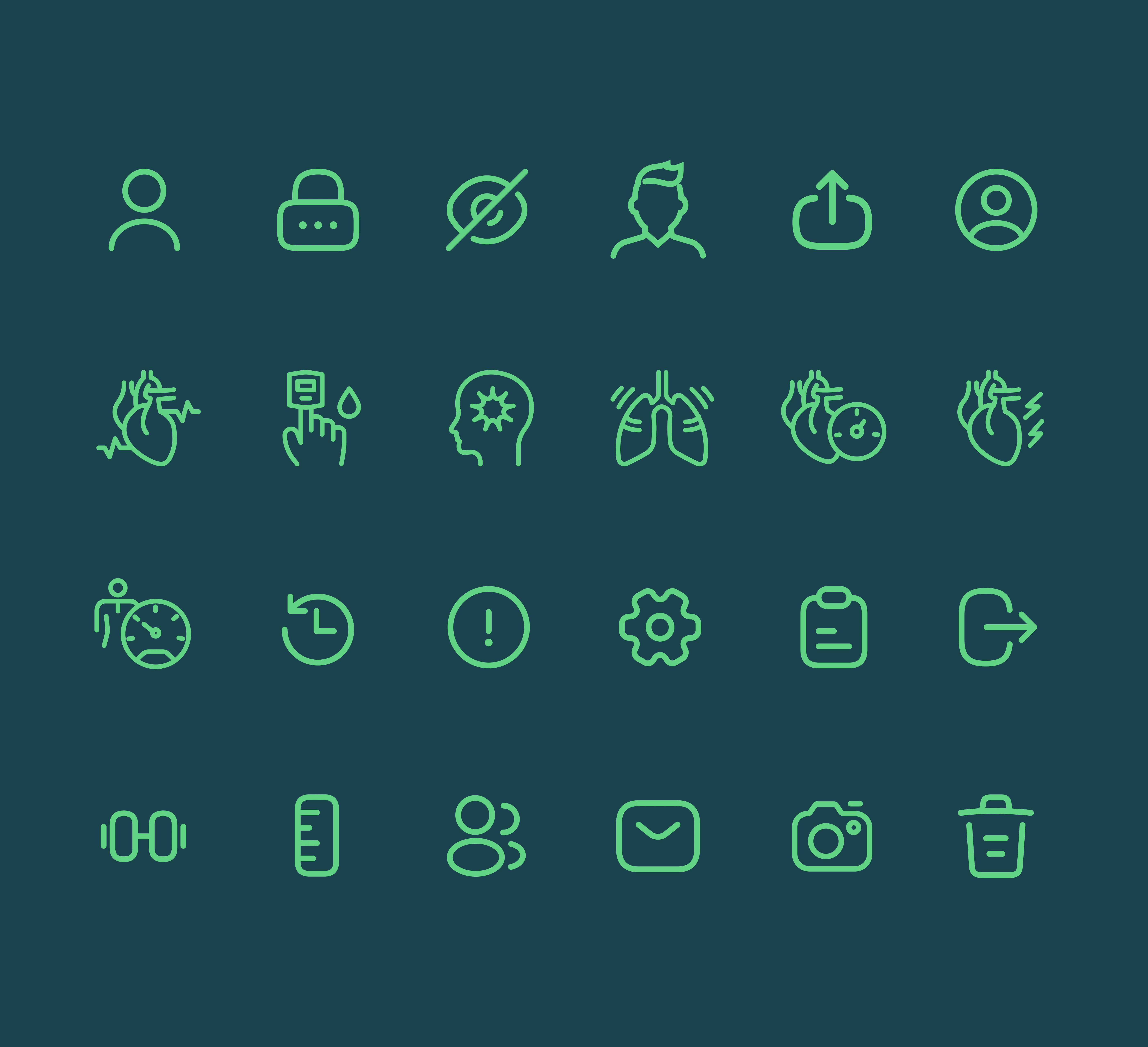 Grid of green line icons for health parameter tracking and app navigation.