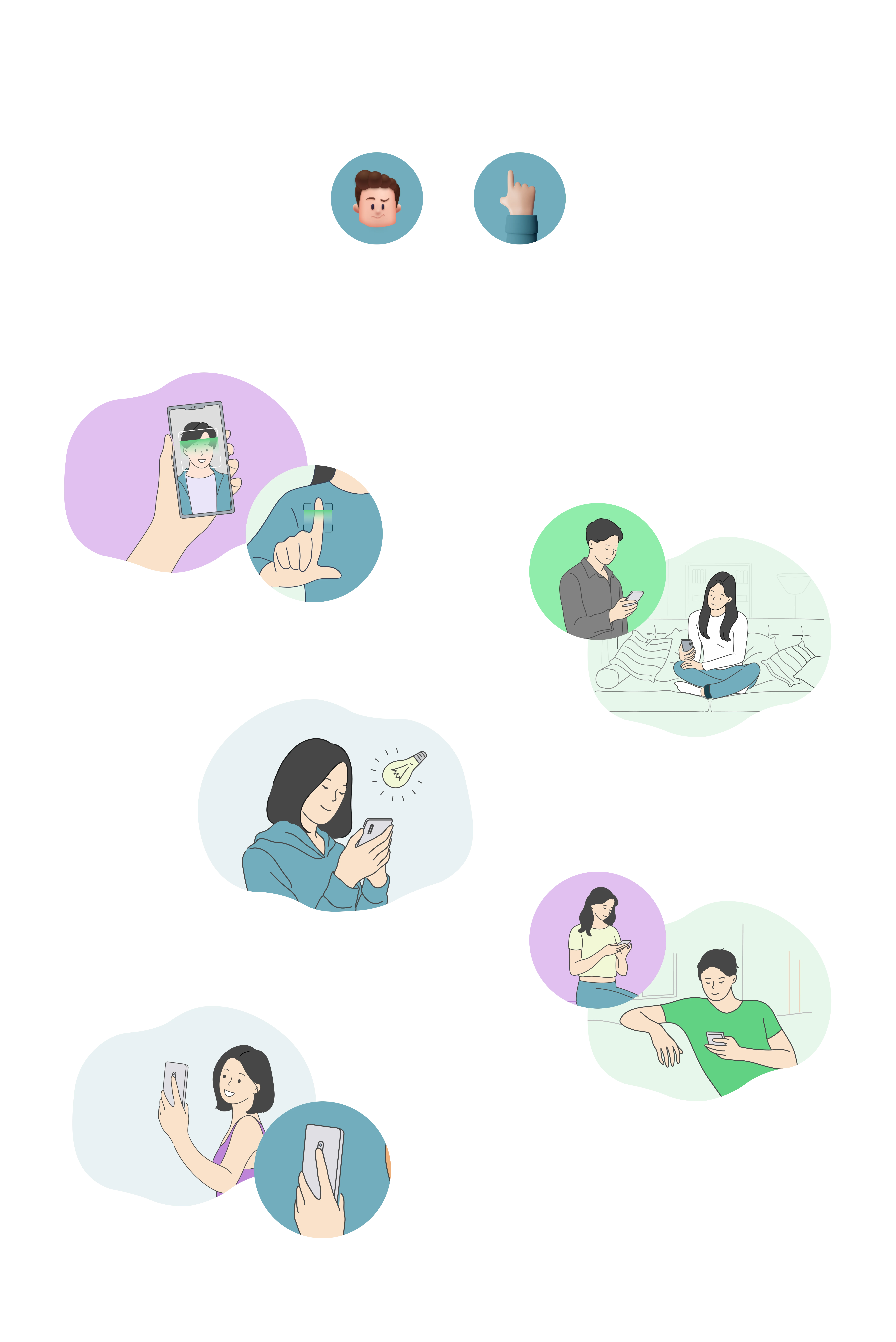 Character illustrations demonstrating facial biometric scanning and mobile app usage.