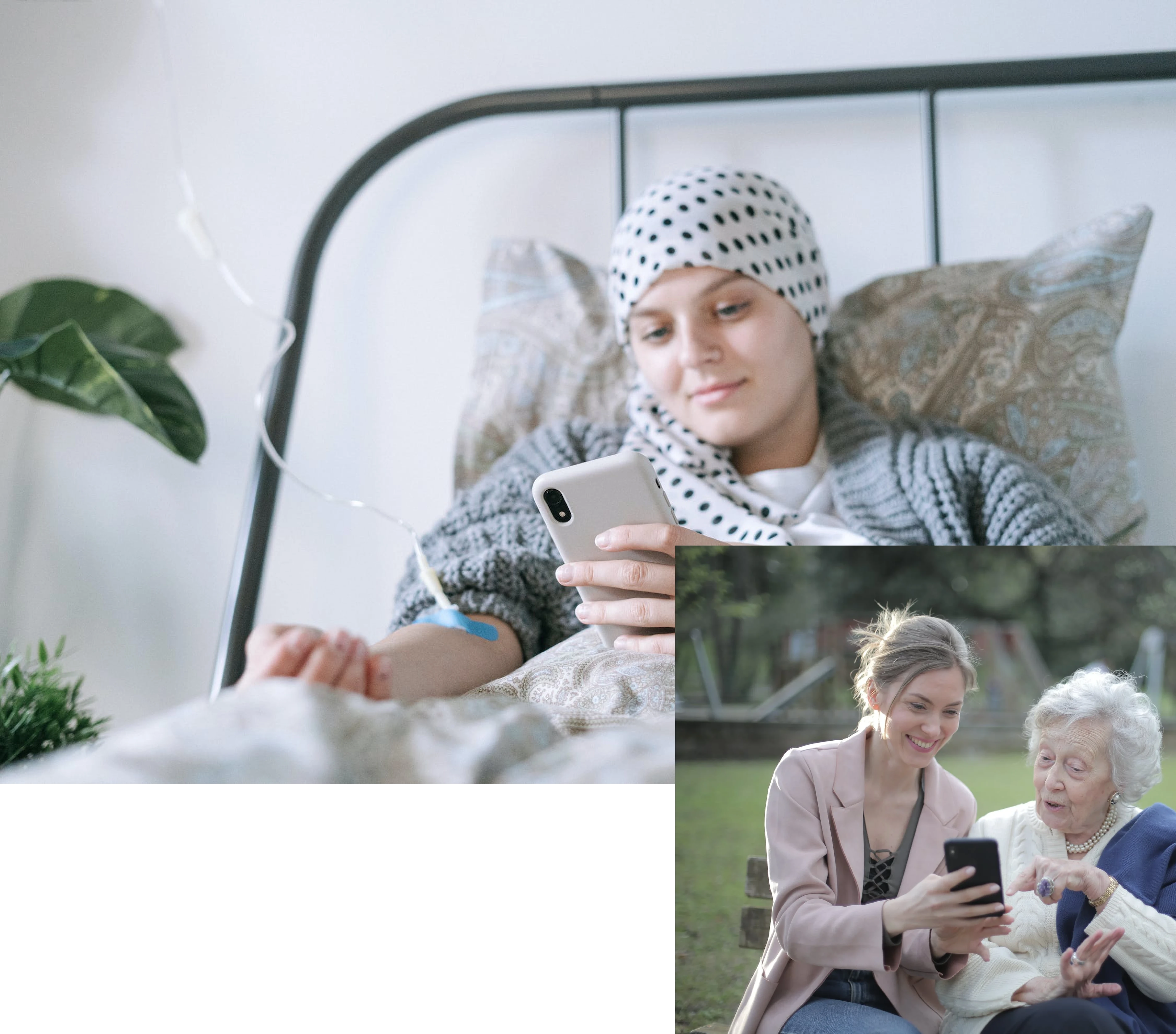 Patient in hospital bed and nurse with senior woman using NuAI health app.