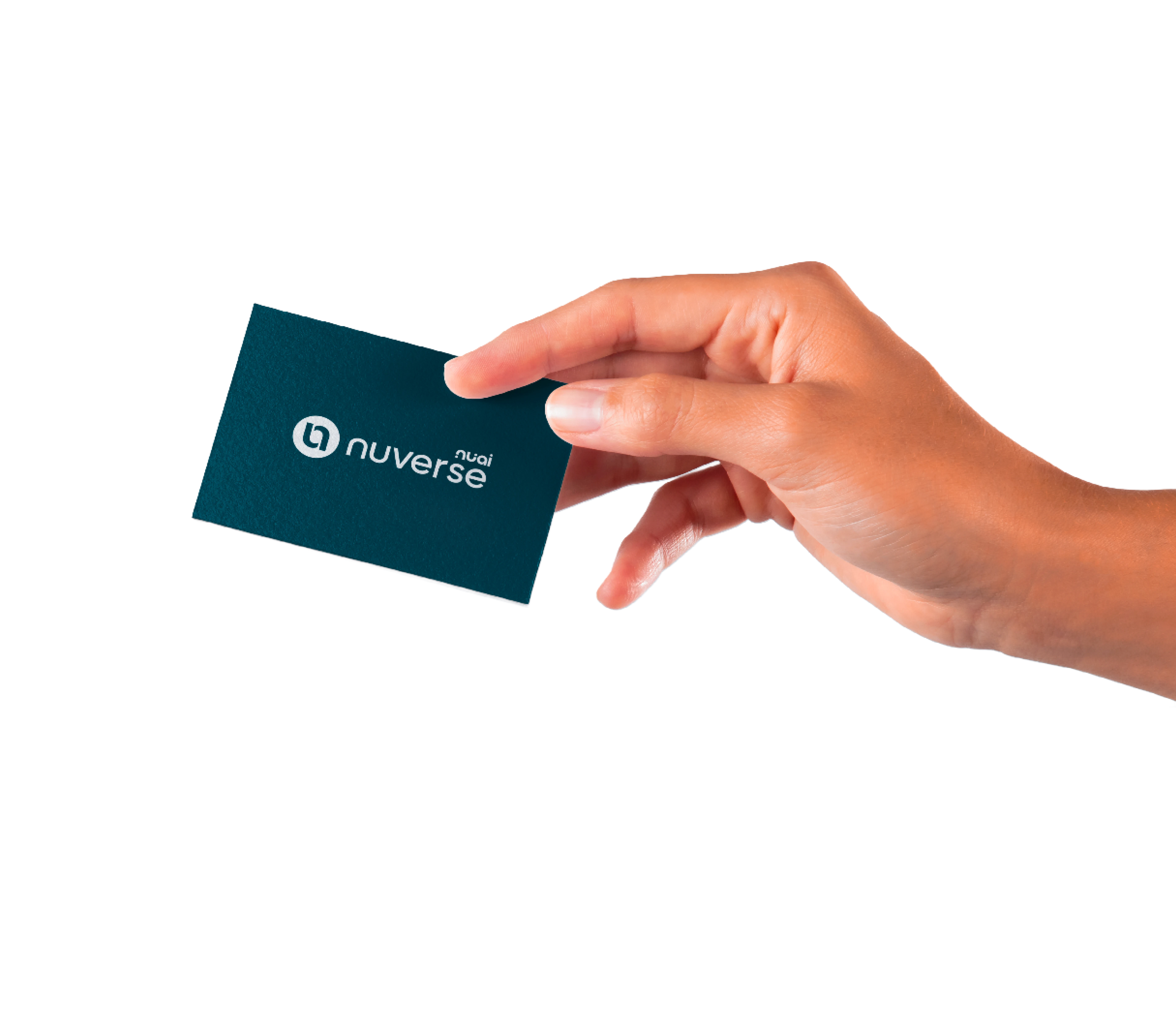 Hand holding a dark teal Nuverse NuAI corporate business card.