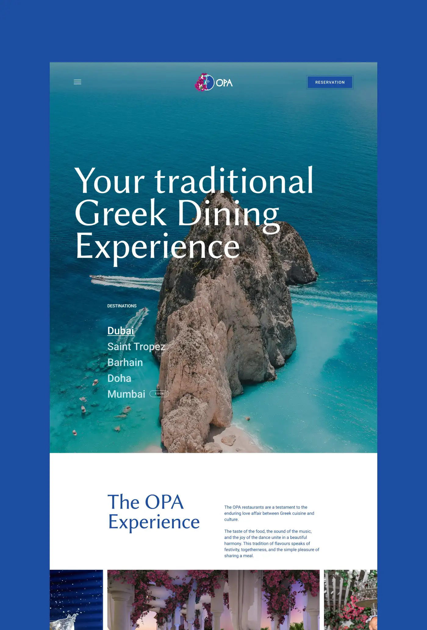 Desktop web browser mockup displaying the OPA World homepage featuring a rocky seaside cliff.