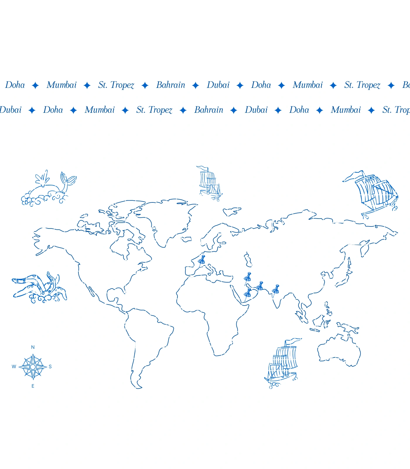 A line-art world map illustration in blue and white with location pins, sailing ships, and sea monsters.