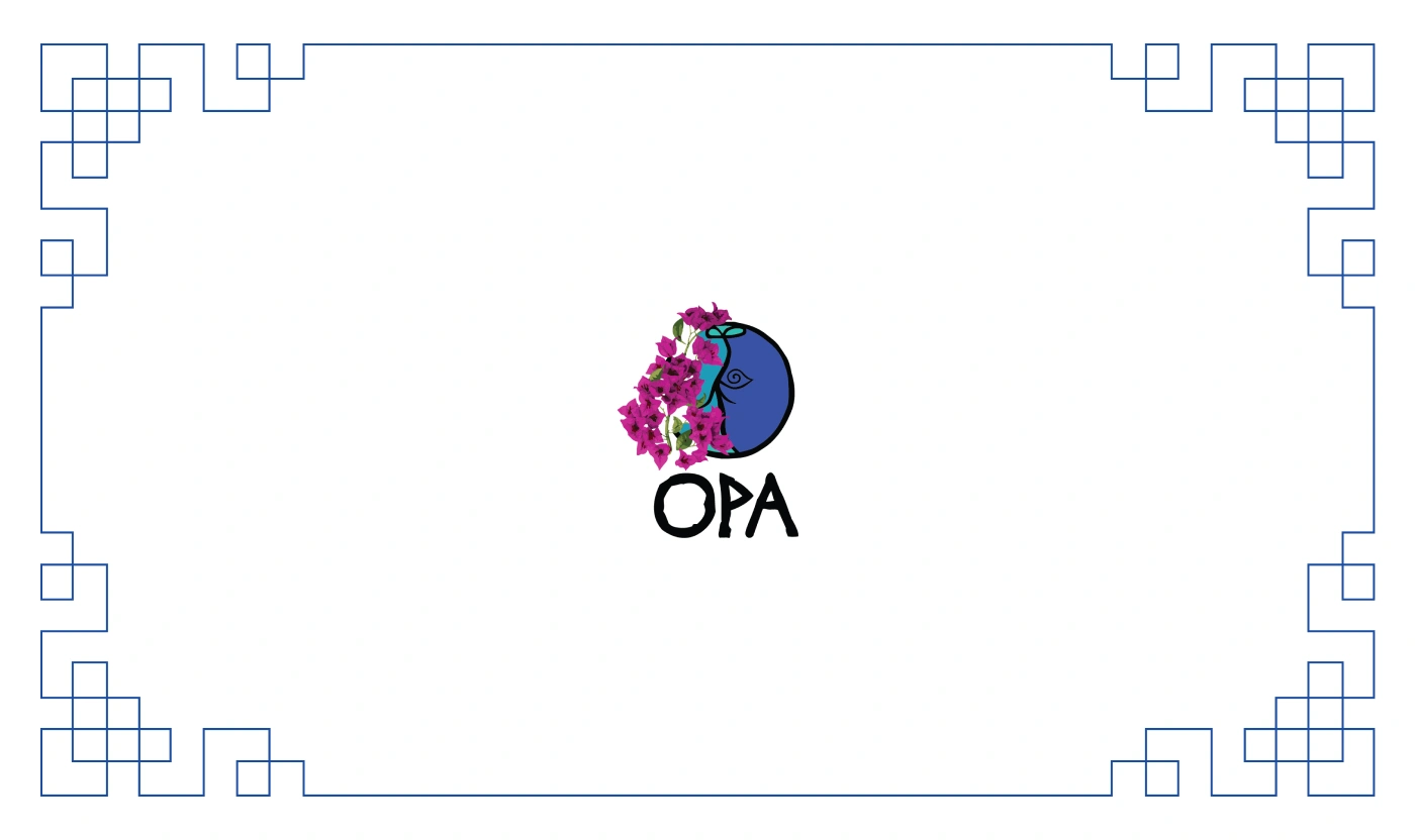 The OPA brand logo featuring a blue circle with pink bougainvillea flowers, framed with a blue Greek key pattern border.