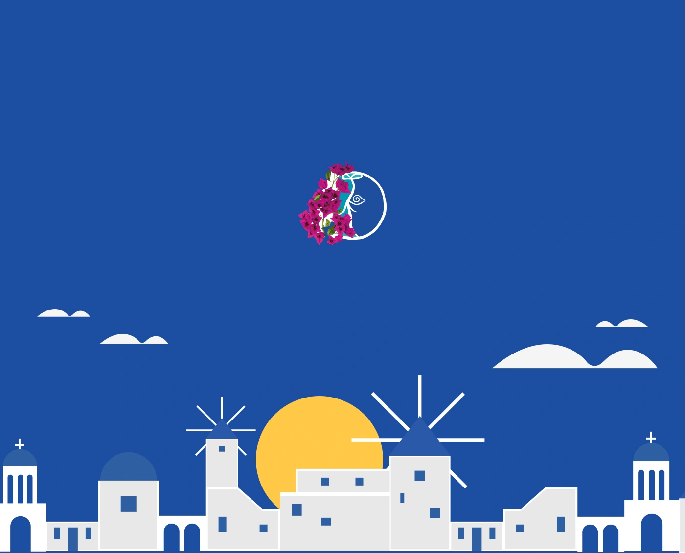 The letter 'O' decorated with pink bougainvillea flowers above a flat vector skyline of Santorini.
