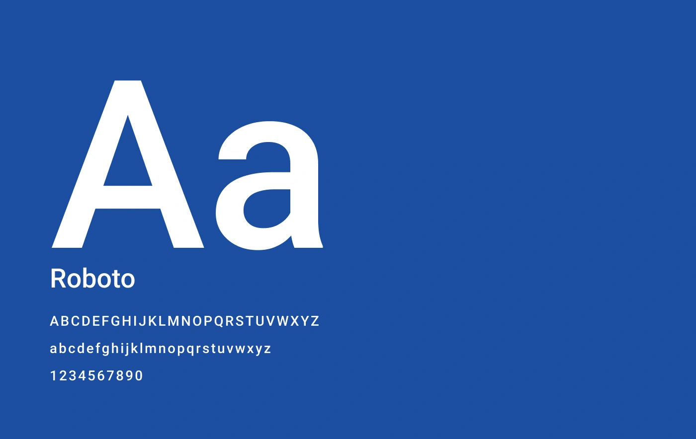 Roboto font typography specimen sheet showing characters and numbers on a dark blue background.