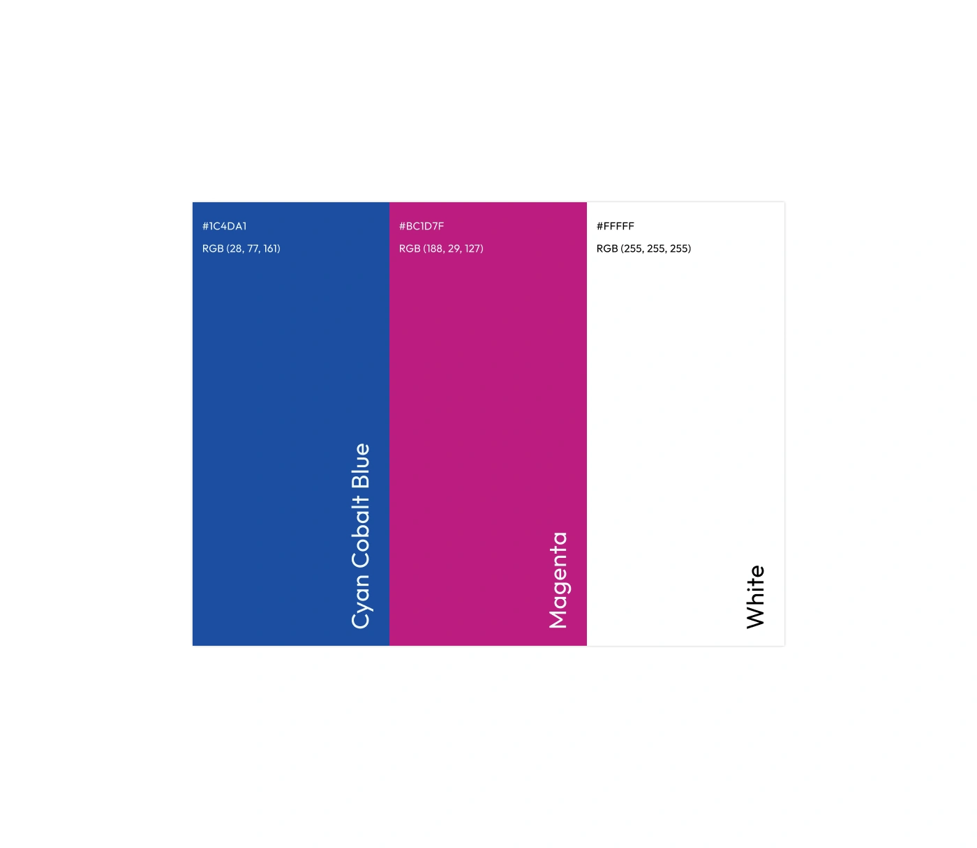 Brand color palette swatches with hex and RGB codes for Cyan Cobalt Blue, Magenta, and White.