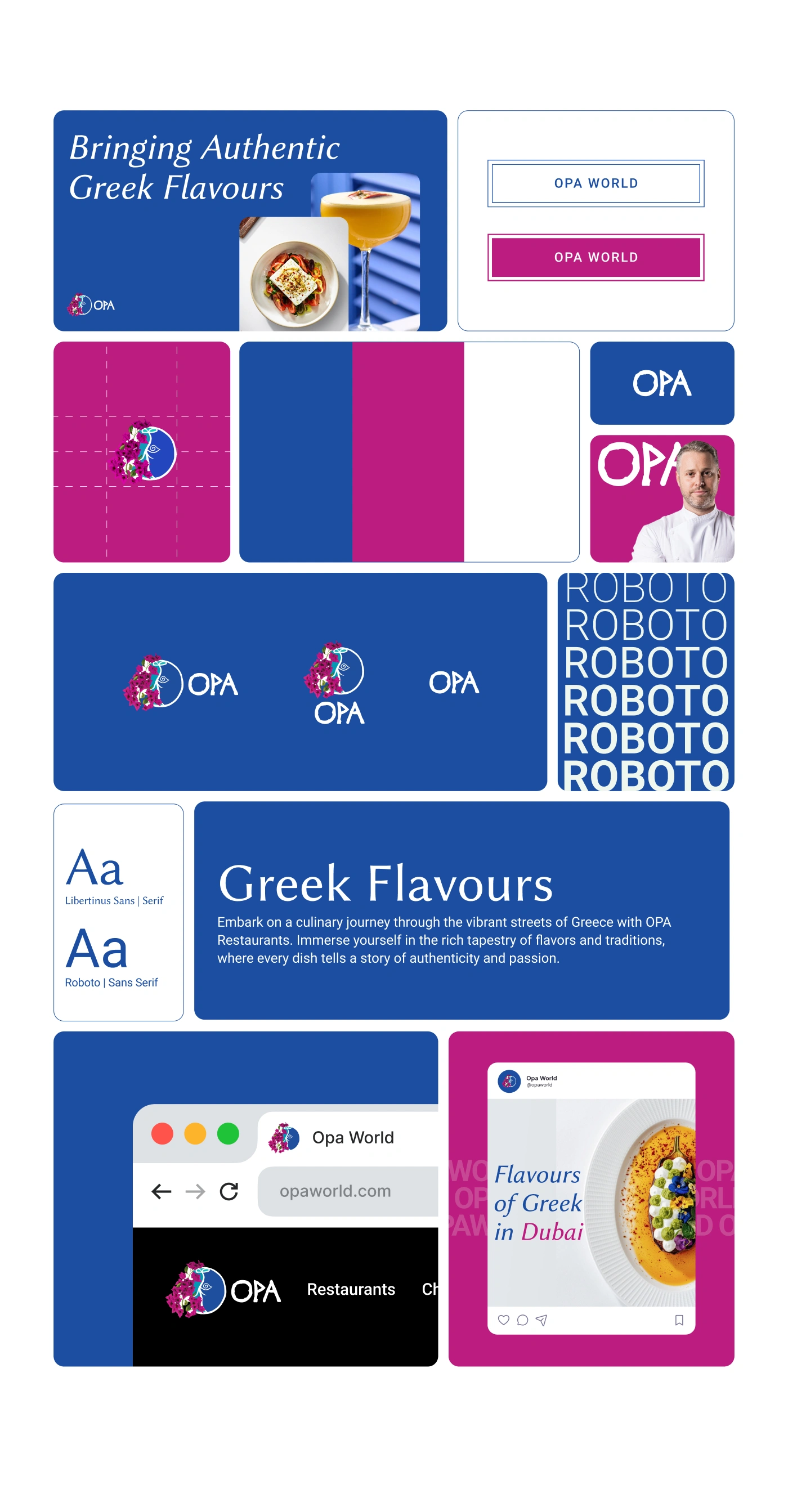 Brand identity showcase grid showing logo structures, colors, typography, and web page elements.