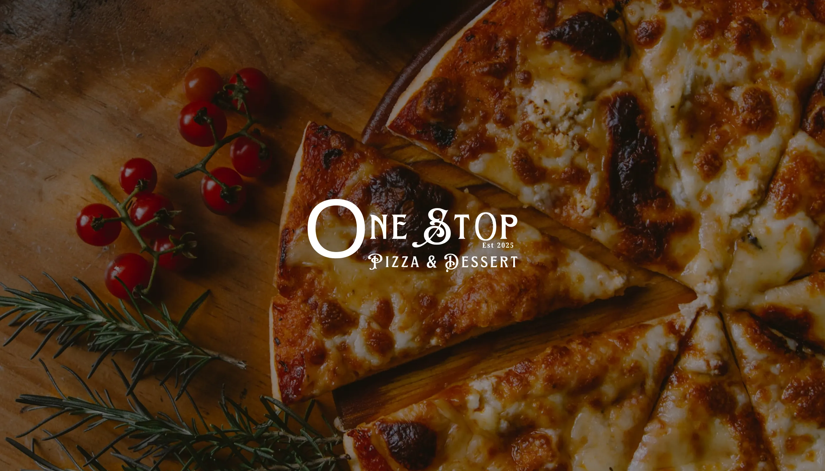 One Stop Pizza & Dessert logo above a sliced barbecue chicken pizza on a round wooden board against a red patterned background.
