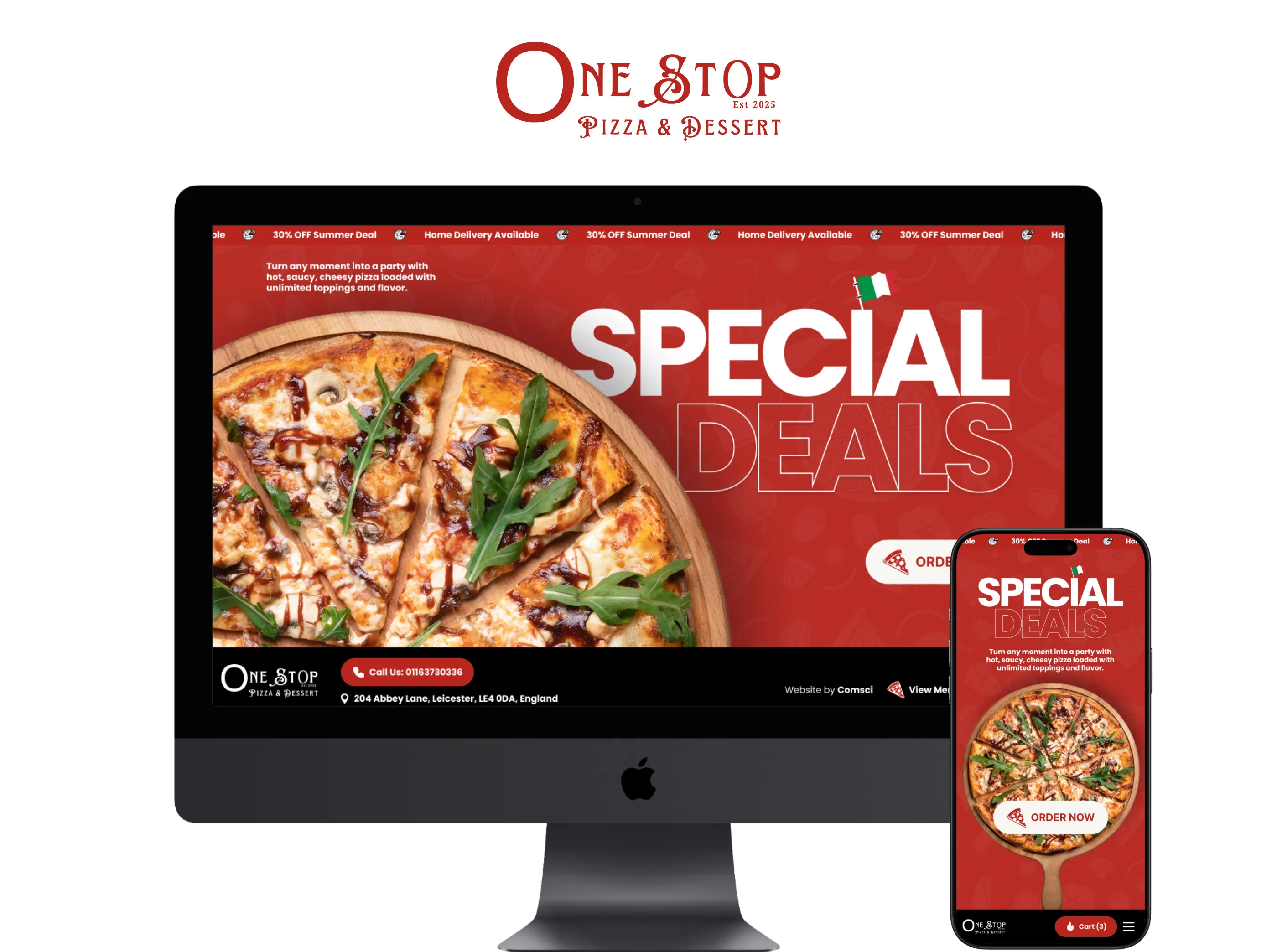 Desktop computer and smartphone showing the One Stop Pizza website homepage with a 'Special Deals' banner.