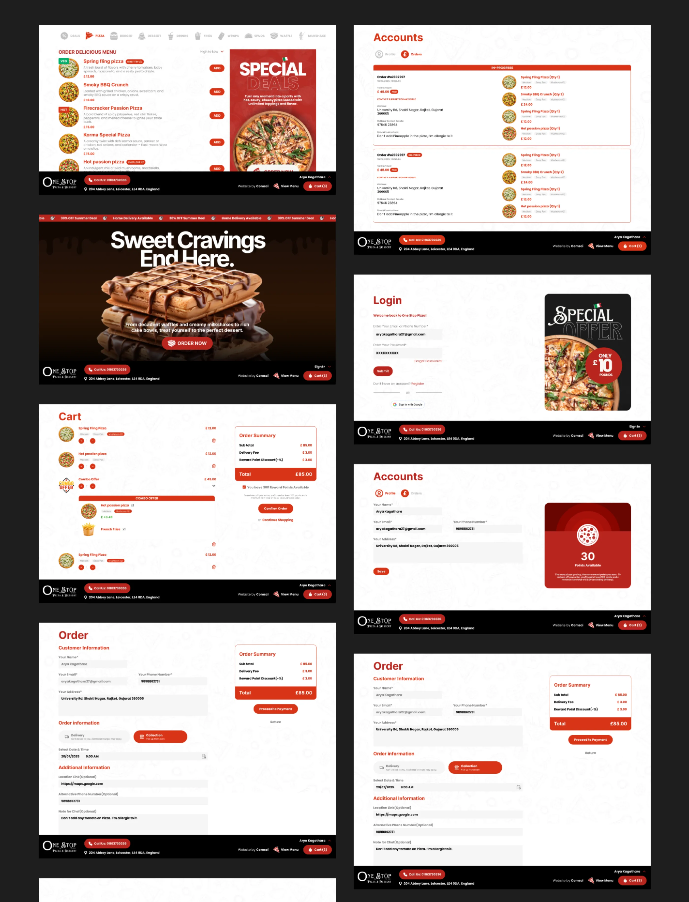 A collection of web application screens for One Stop Pizza including menu ordering, user account dashboard, cart, login, and order summary.