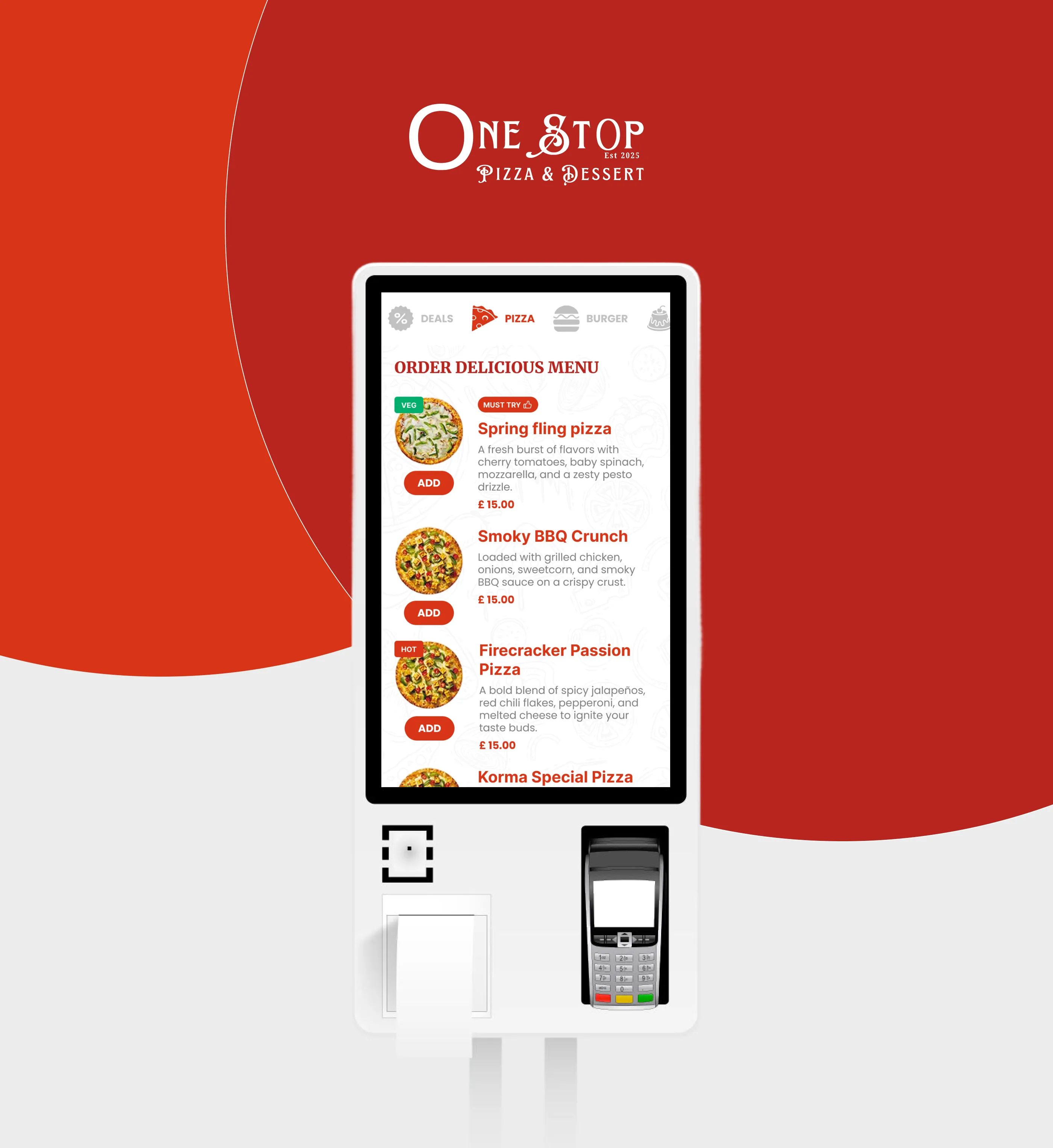 A self-service digital ordering kiosk displaying the One Stop Pizza menu with a built-in card payment terminal and receipt printer.