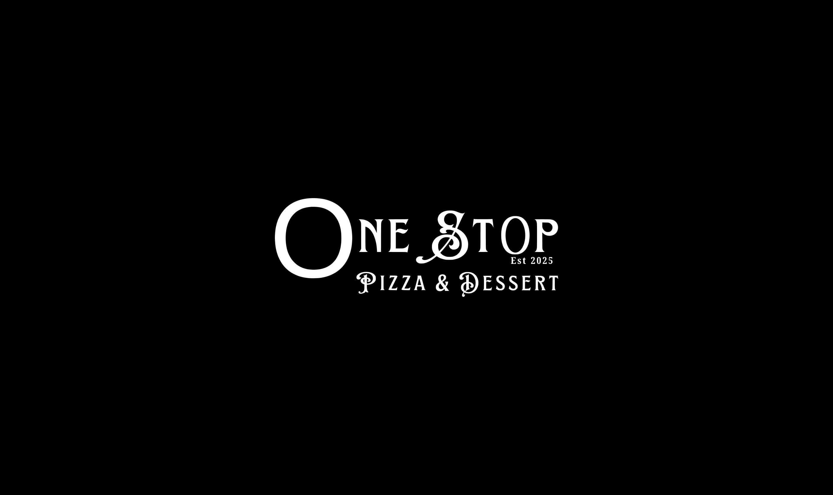 White One Stop Pizza & Dessert logo centered over a rustic wooden table with pizza slices, cherry tomatoes, and rosemary.
