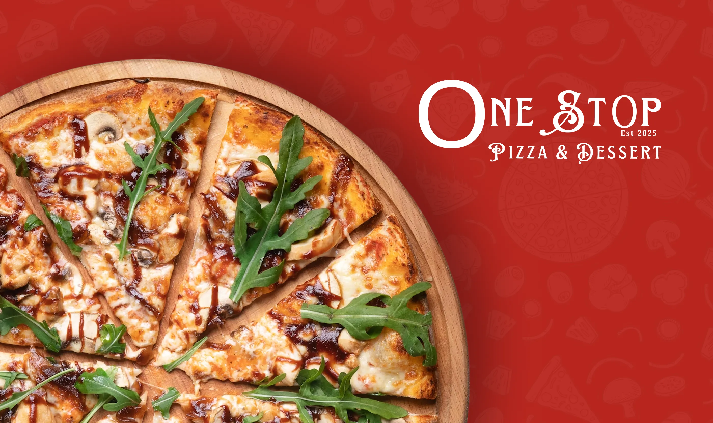 Grid of red line icons for One Stop Pizza representing food items, delivery, location, payment, and user interface elements.