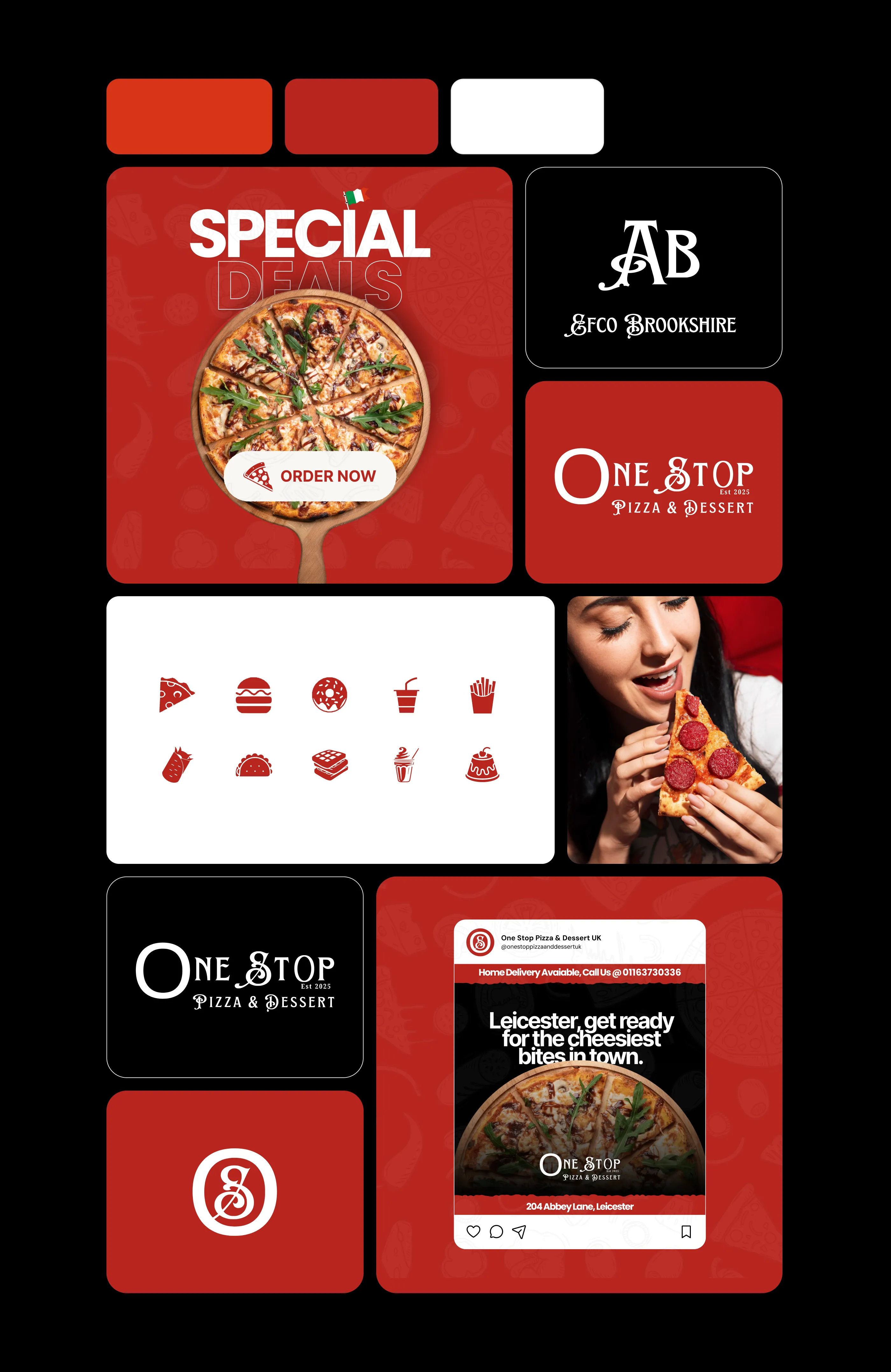 Branding collage for One Stop Pizza including social media post mockups, logo variations, color palette, icons, and a person enjoying pizza.