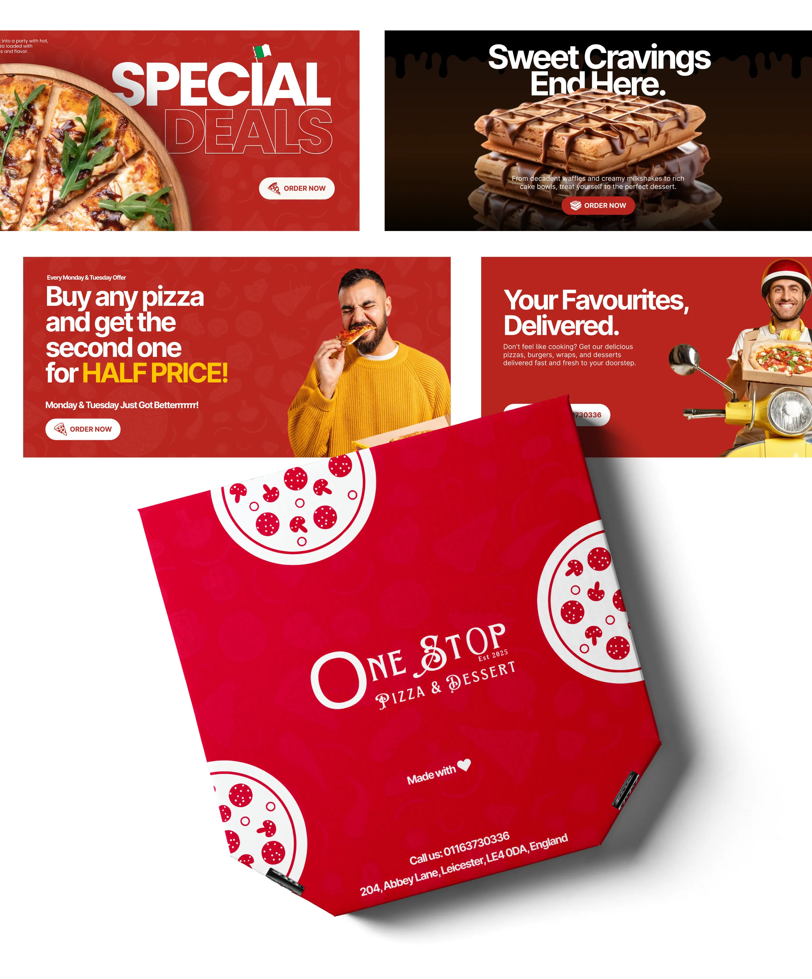 Red One Stop Pizza branding elements including a pizza box, promotional web banners for deals and desserts, and a delivery driver.