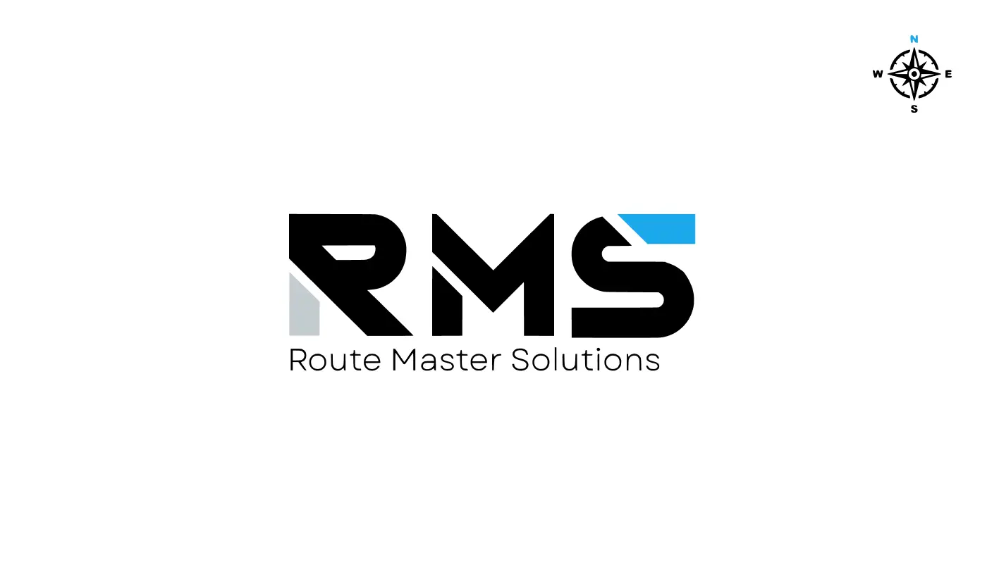 The official RMS Route Master Solutions logo featuring a stylized 'RMS' lettermark in black and blue, with a compass icon in the corner.