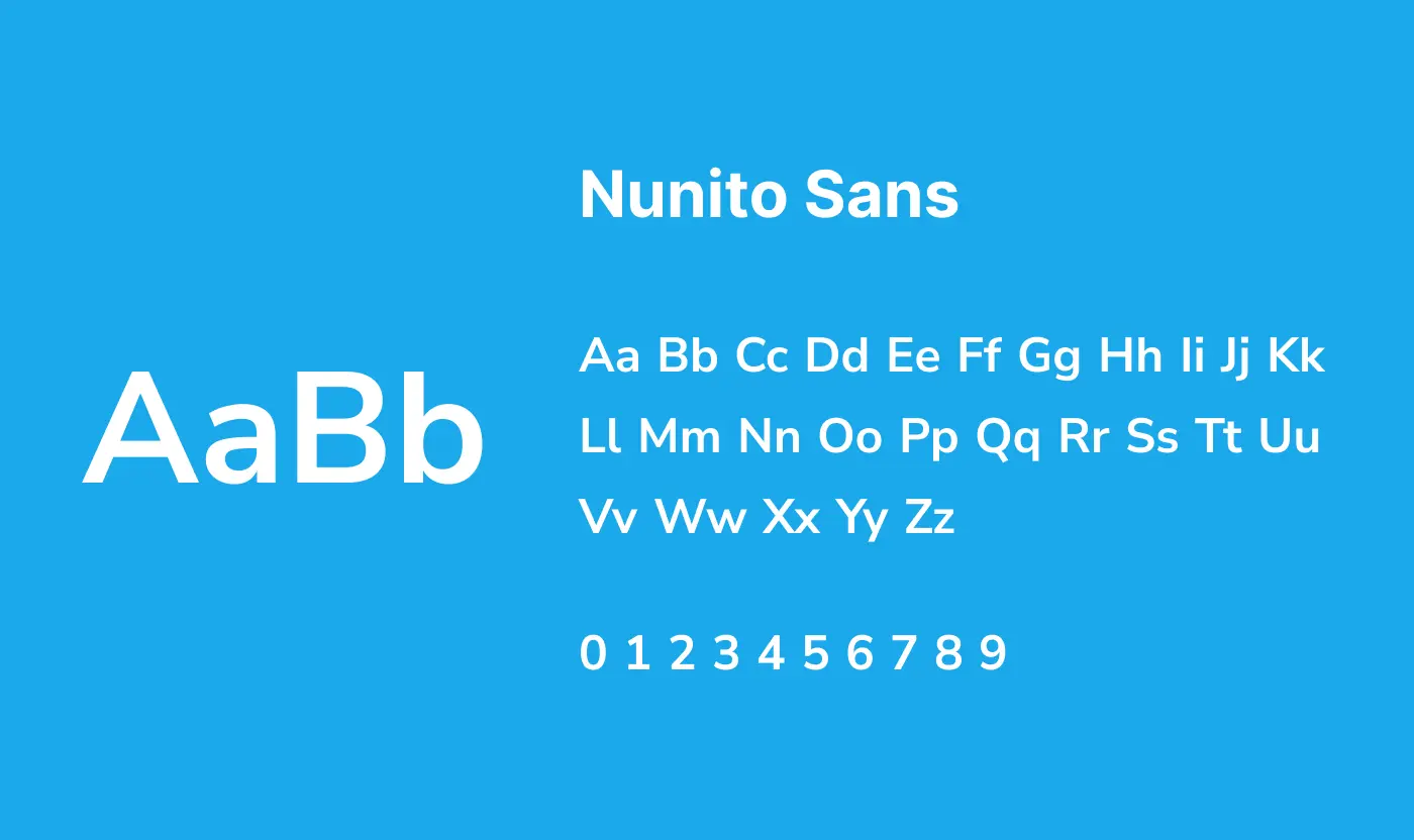 Typography specimen for the Nunito Sans font family used in the RMS project, displaying uppercase, lowercase, and numbers on a blue background.