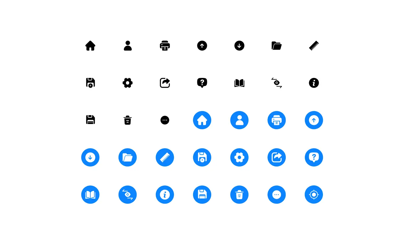 A collection of black and blue user interface icons for the RMS application, including navigation, actions, file management, and settings.