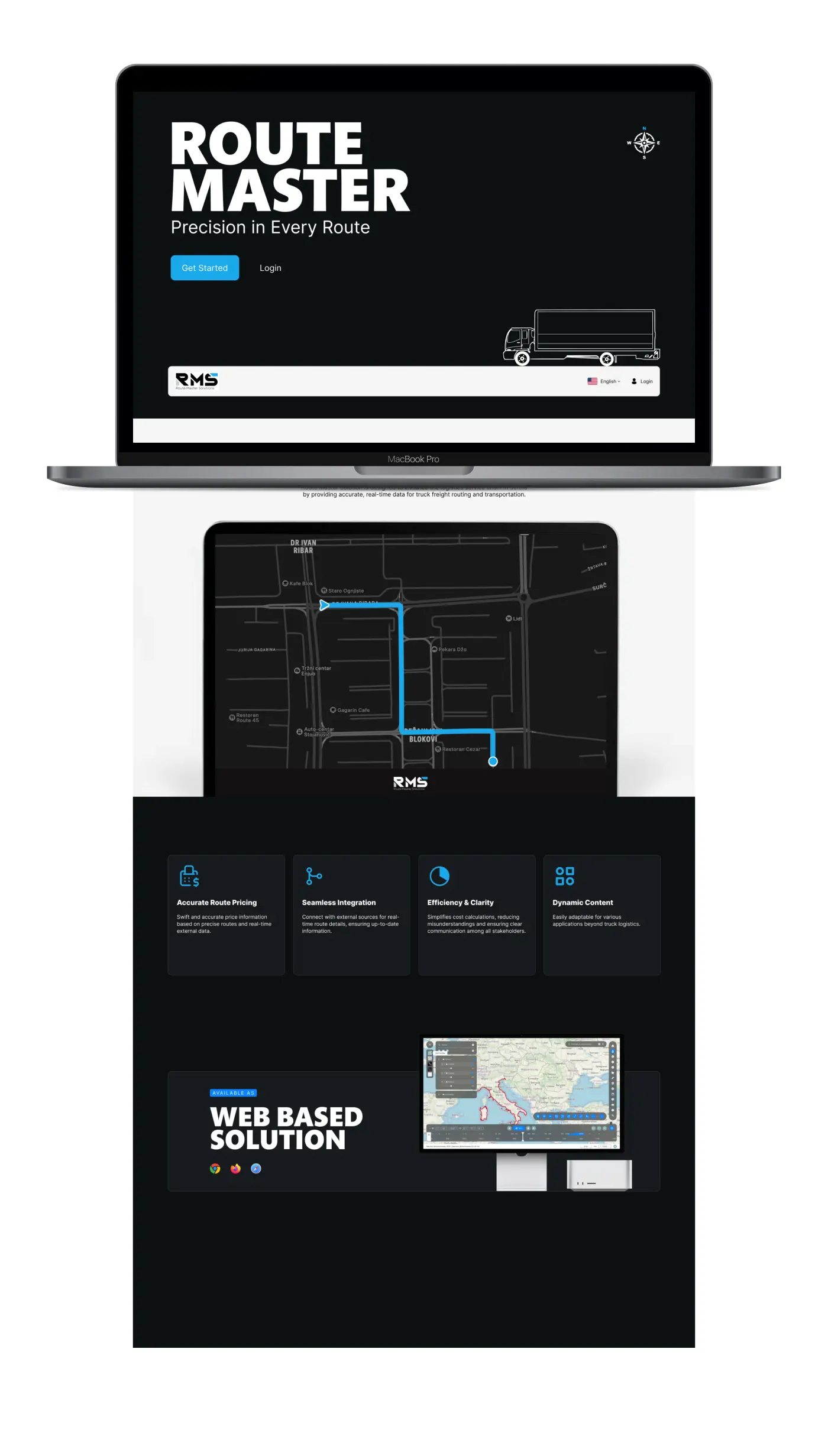 A laptop mockup displaying the RMS Route Master Solutions landing page with a route map, alongside feature panels for 'Accurate Route Pricing', 'Seamless Integration', and 'Efficiency & Clarity'.