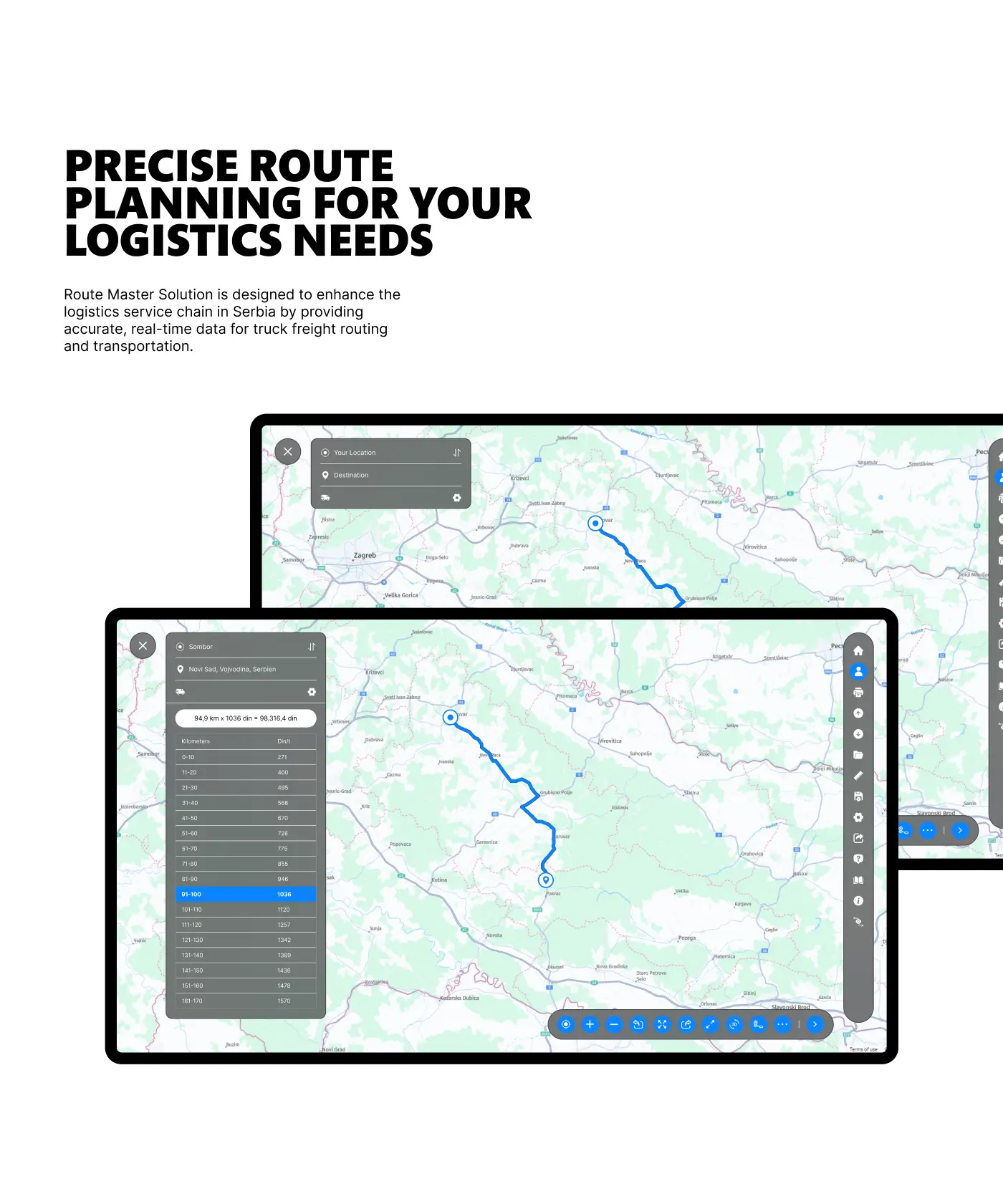 Two tablet mockups showing the RMS GIS route planning interface with a map of Serbia, a calculated route between two points, and a detailed distance and cost breakdown table.