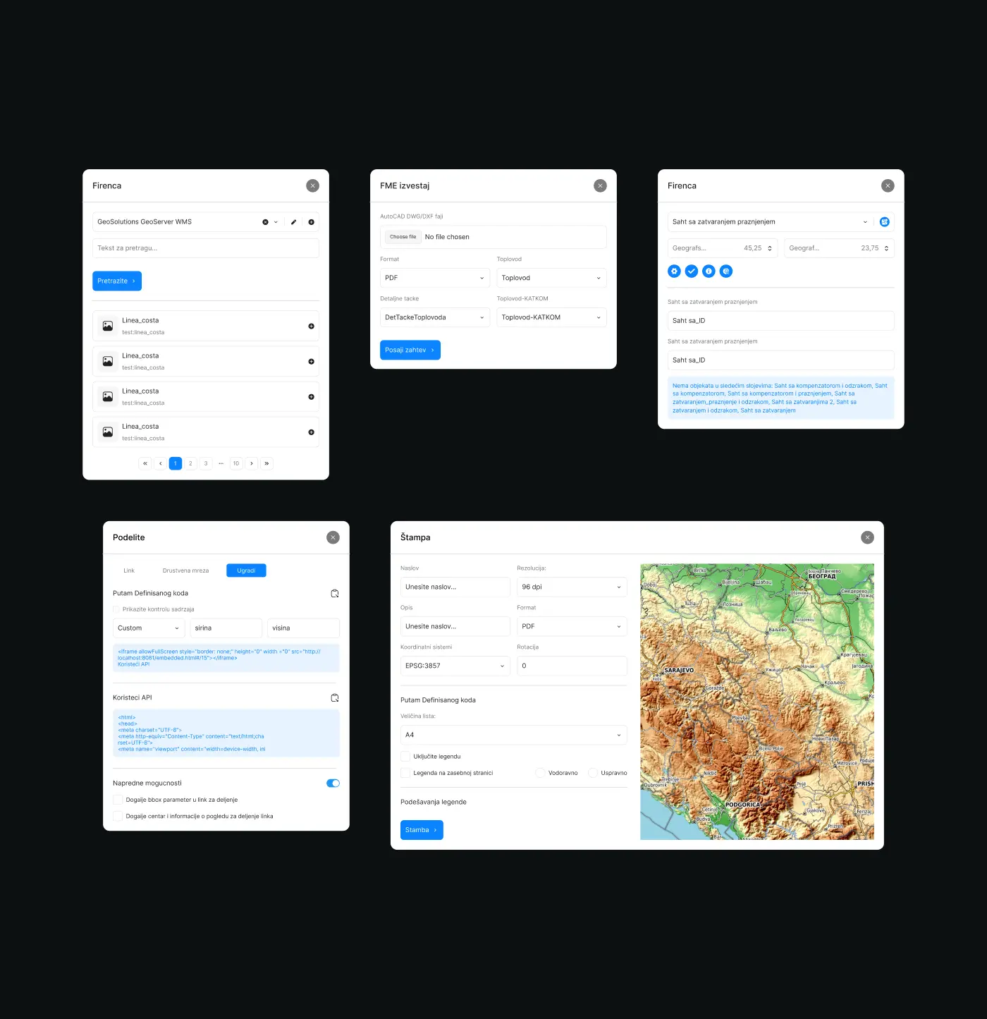 A collection of user interface modals for the RMS tool, including a layer manager, report generator, sharing options, and print settings with a map preview.