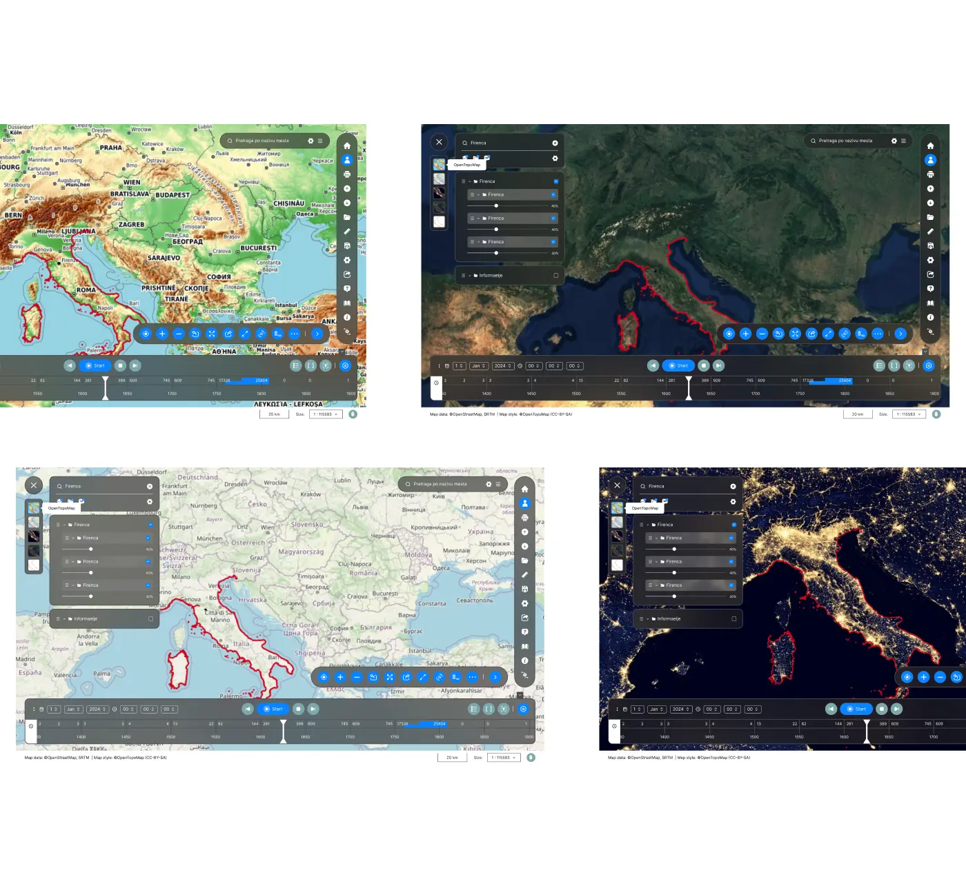 Four screenshots of the RMS application's map interface showing different data layers and views, including standard maps, satellite imagery, and nighttime maps with route overlays and time-series controls.