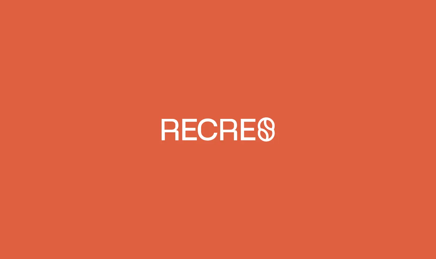 The Recre brand wordmark in white text centered on a solid terracotta orange background, featuring a stylized 'e8' ligature.