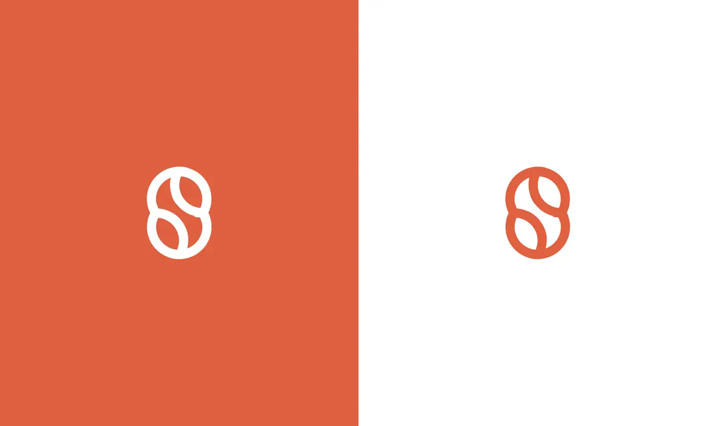 Split-screen view showing the stylized 'e8' icon in white on a terracotta background on the left, and in terracotta on a white background on the right.