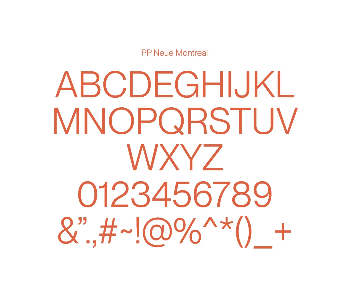 PP Neue Montreal typography specimen sheet displaying the font family's uppercase letters, numbers, and symbols in the brand's terracotta color.