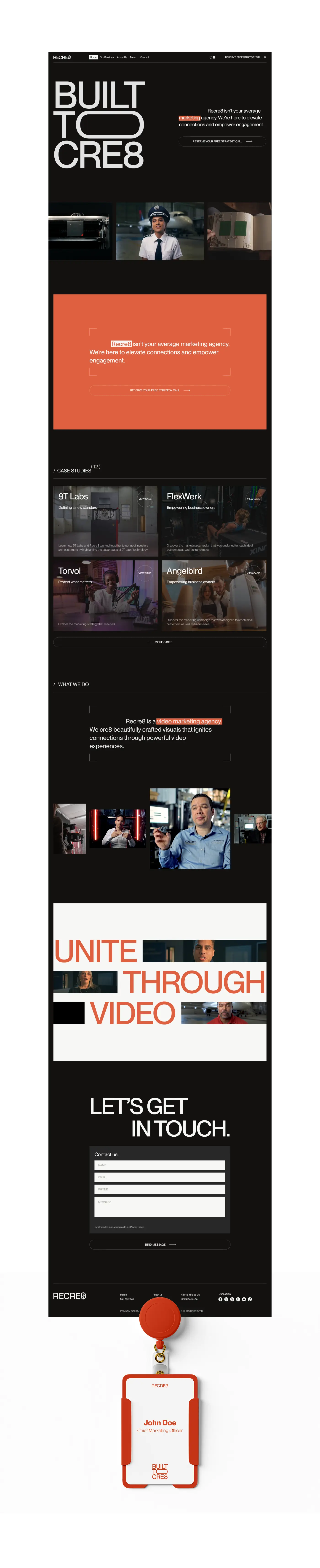 Full-page desktop website mockup for Recre, showcasing the dark-themed homepage, case studies, services section, and a contact form, with a branded ID badge at the bottom.