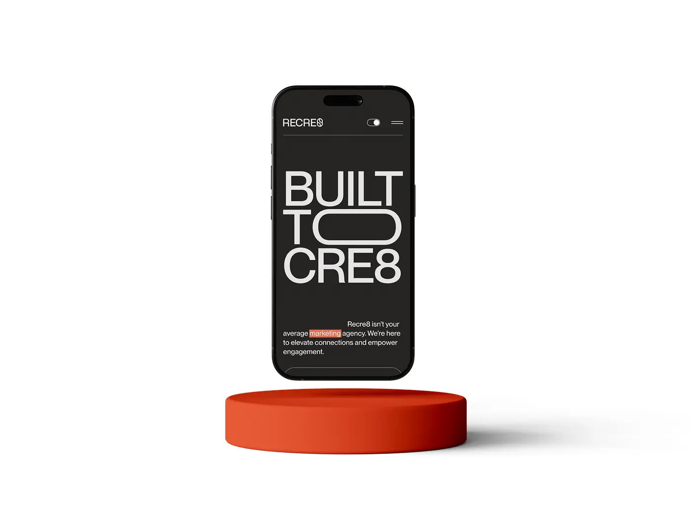 A smartphone mockup placed on a terracotta pedestal, displaying the mobile version of the Recre agency website's homepage with large typography.