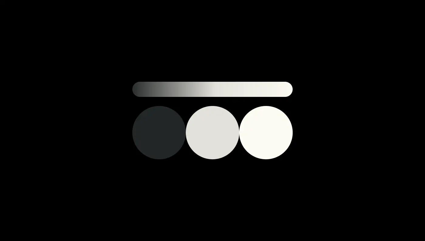 Color palette circles in dark gray, warm gray, and cream under a gradient pill bar on a black background.