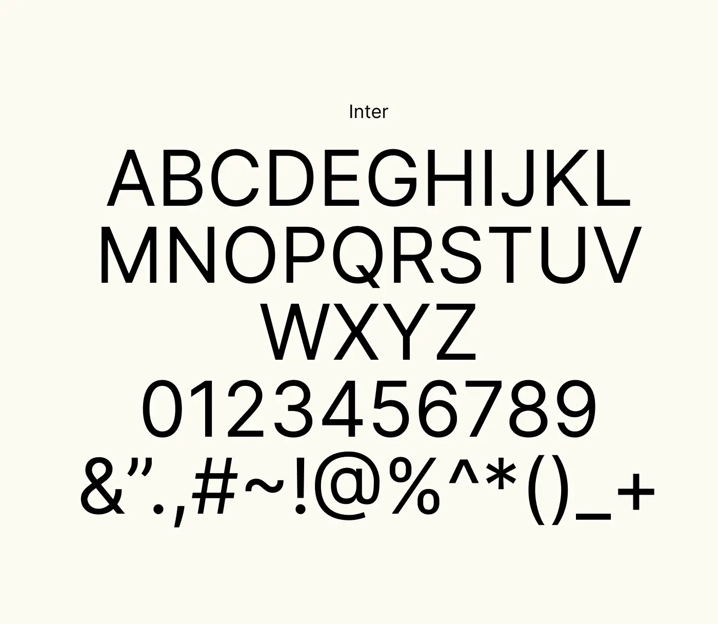 Inter typography specimen sheet displaying uppercase characters, numbers, and symbols in black on a warm cream background.