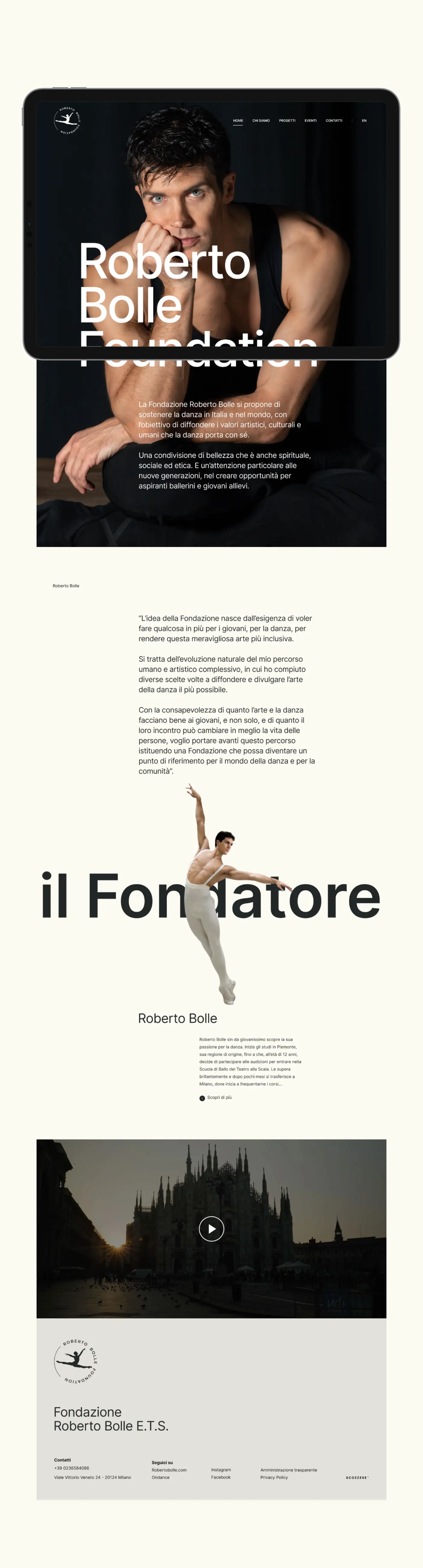 Full-page desktop mockup of the Roberto Bolle Foundation website showing the homepage, biography, and footer.