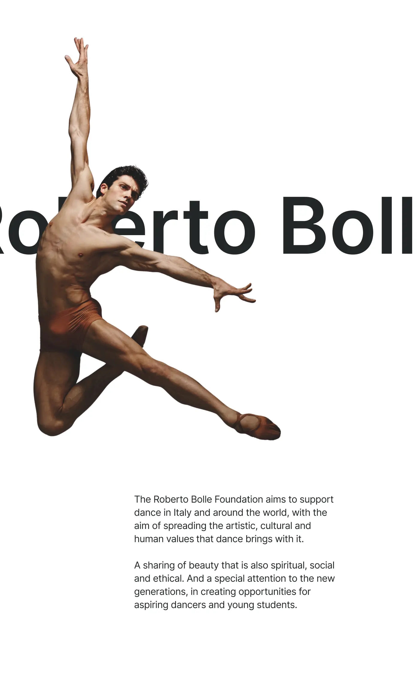 Cutout of Roberto Bolle leaping in mid-air in front of large name typography and mission description paragraphs.