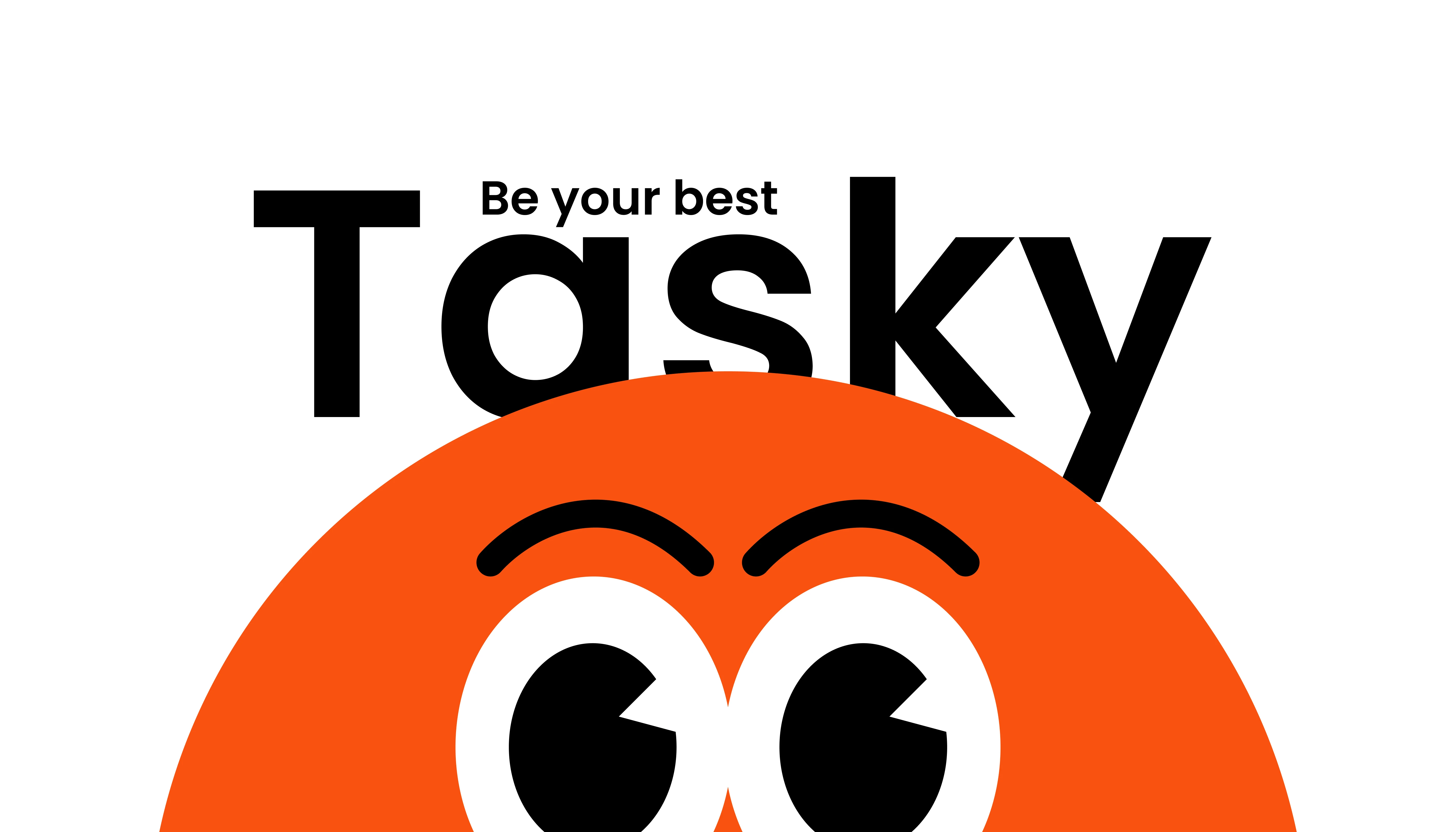 Orange mascot character peeking up under 'Be your best' and 'Tasky' text.